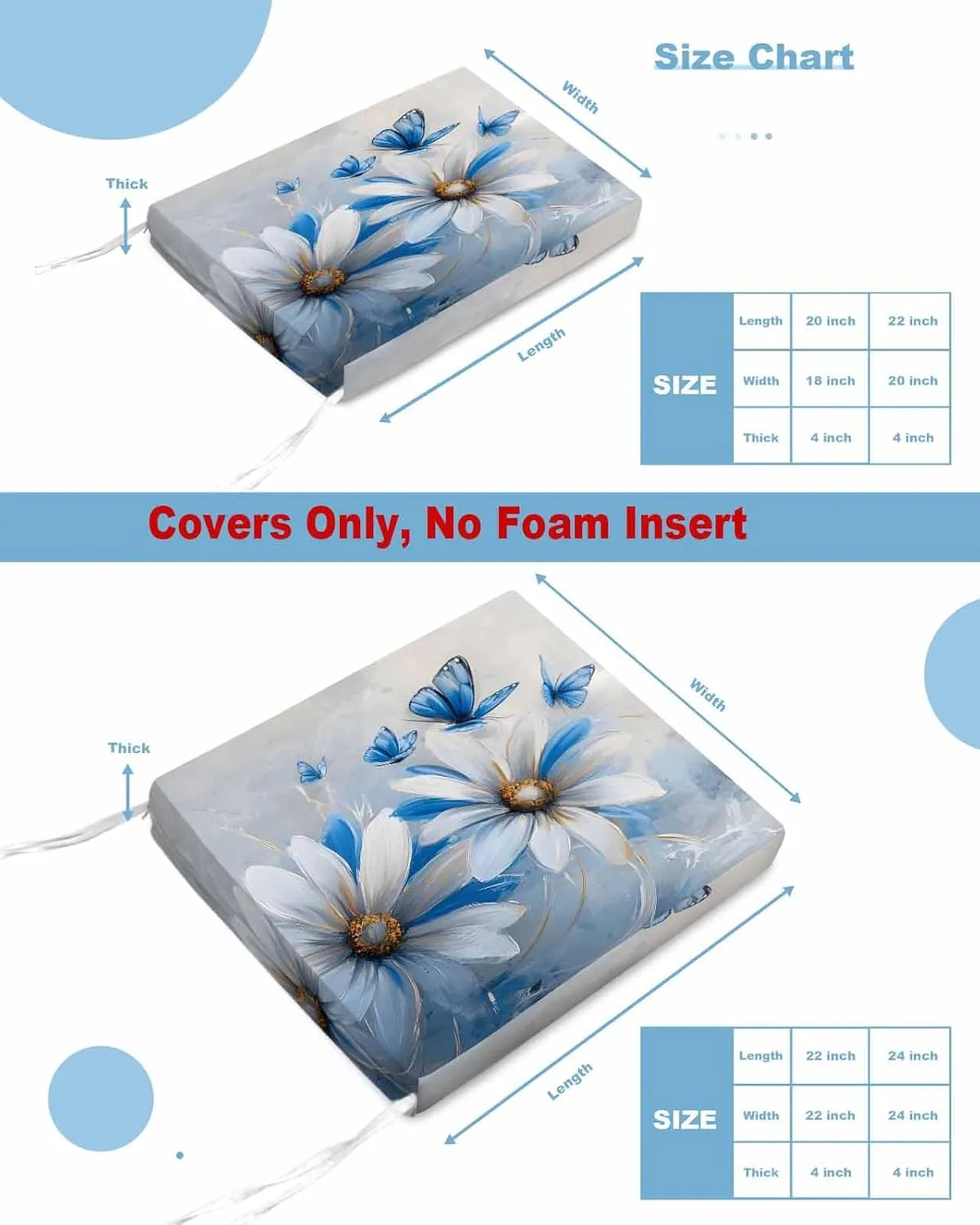 White Blue Flowers Outdoor Cushion Chair Cover Set of 4 - Waterproof Couch Seat Covers, Pastoral Elegant Butterfly Floral Patio Furniture Protector Cushions Slipcovers for Sofa/RV, 22"x20"x4"