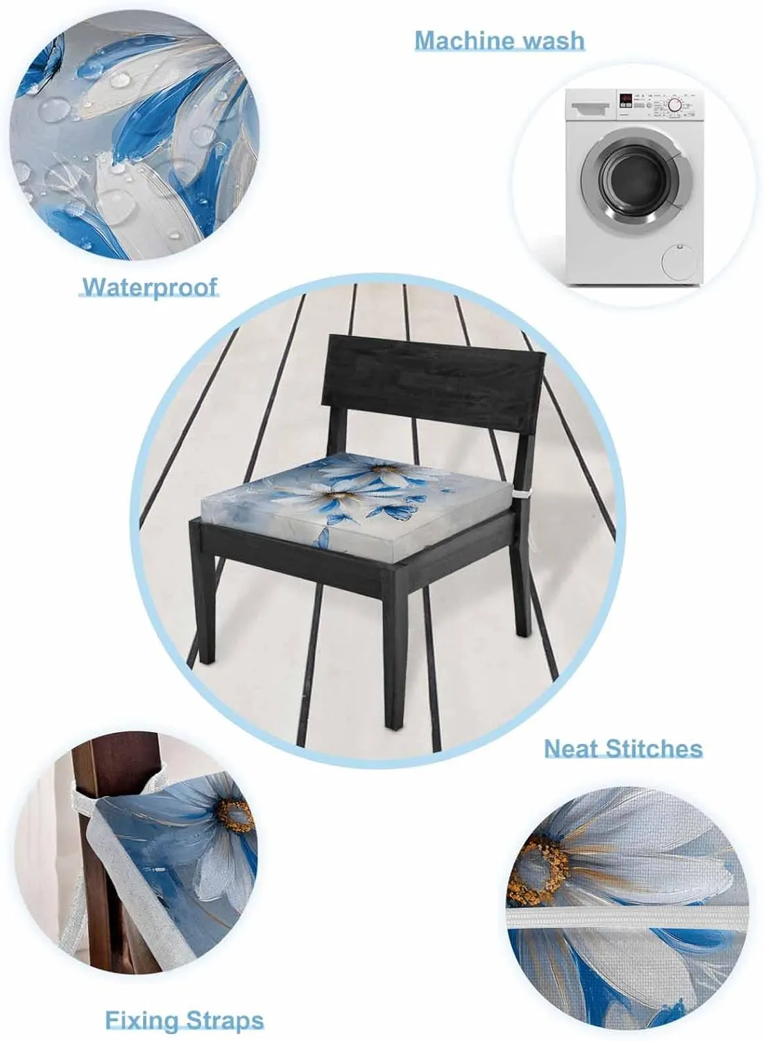 White Blue Flowers Outdoor Cushion Chair Cover Set of 4 - Waterproof Couch Seat Covers, Pastoral Elegant Butterfly Floral Patio Furniture Protector Cushions Slipcovers for Sofa/RV, 22"x20"x4"