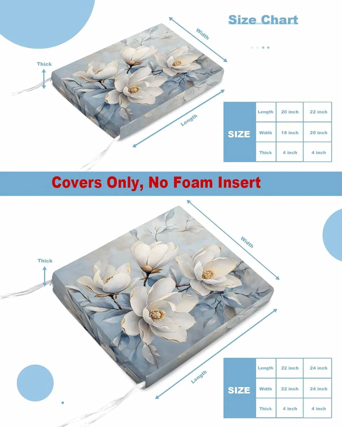 White Floral Outdoor Cushion Chair Cover Set of 4 - Waterproof Couch Seat Covers, Farmhouse Botanical Flowers Branches Patio Furniture Protector Cushions Slipcovers for Sofa/RV, 22"x20"x4"