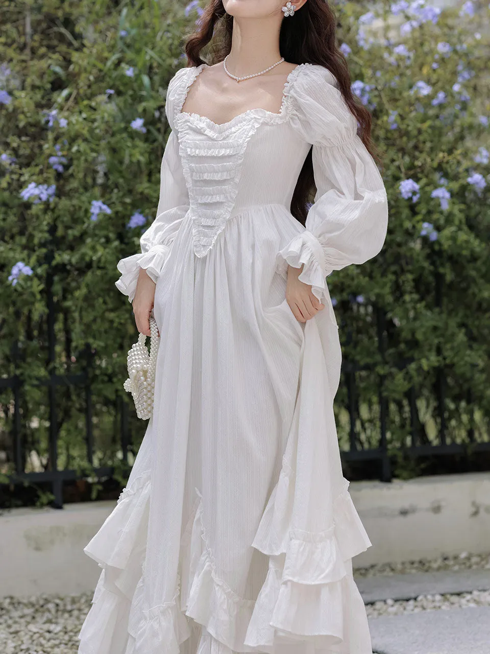 White Square Collar Long Lantern Sleeves Edwardian Ruffle Dress