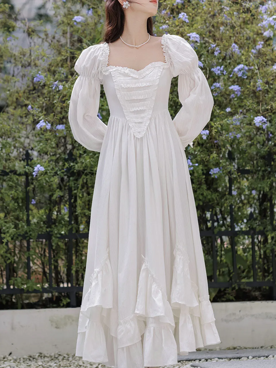 White Square Collar Long Lantern Sleeves Edwardian Ruffle Dress