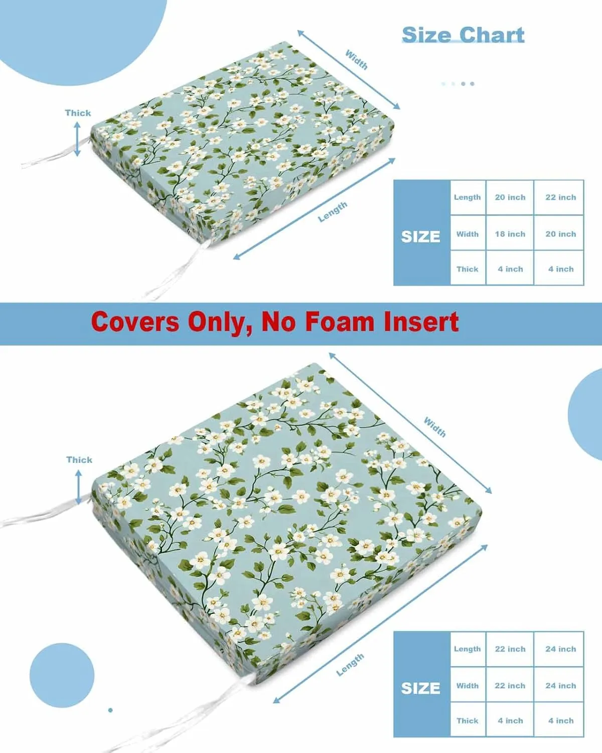 White Teal Spring Floral Outdoor Cushion Chair Cover Set of 2 - Waterproof Couch Seat Covers, Farmhouse Flowers Summer Botanical Patio Furniture Protector Cushions Slipcovers for Sofa/RV, 22"x20"x4"