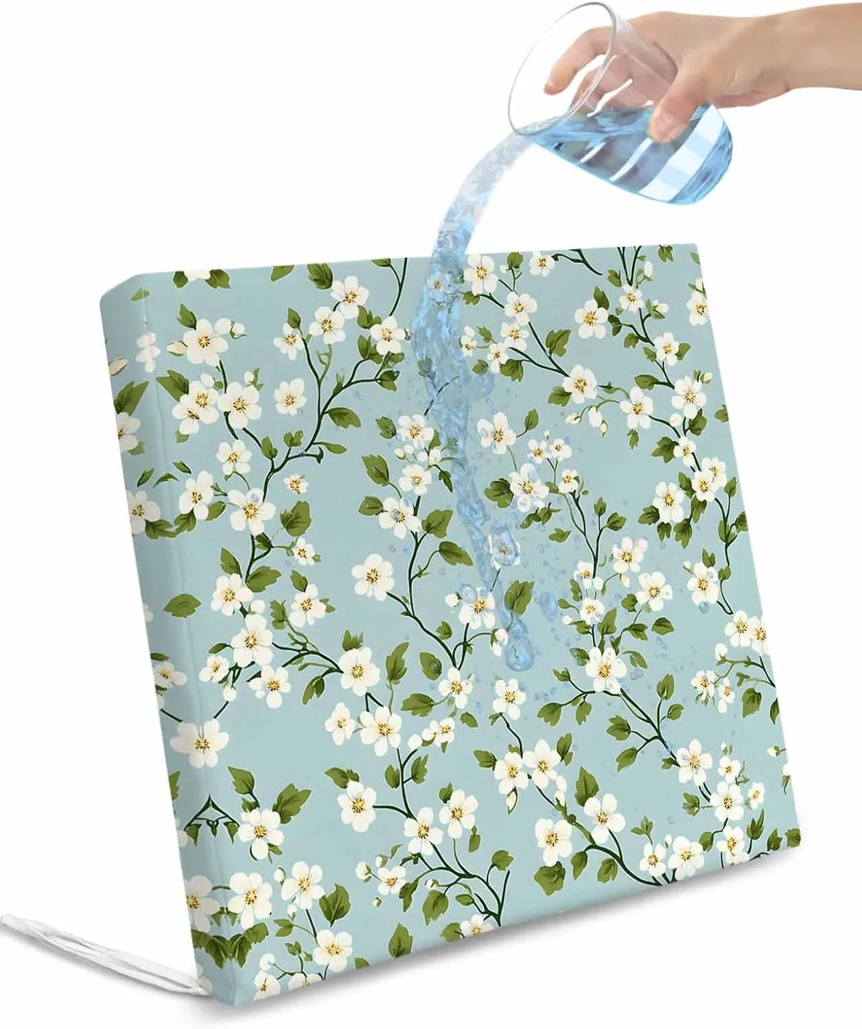 White Teal Spring Floral Outdoor Cushion Chair Cover Set of 2 - Waterproof Couch Seat Covers, Farmhouse Flowers Summer Botanical Patio Furniture Protector Cushions Slipcovers for Sofa/RV, 22"x20"x4"