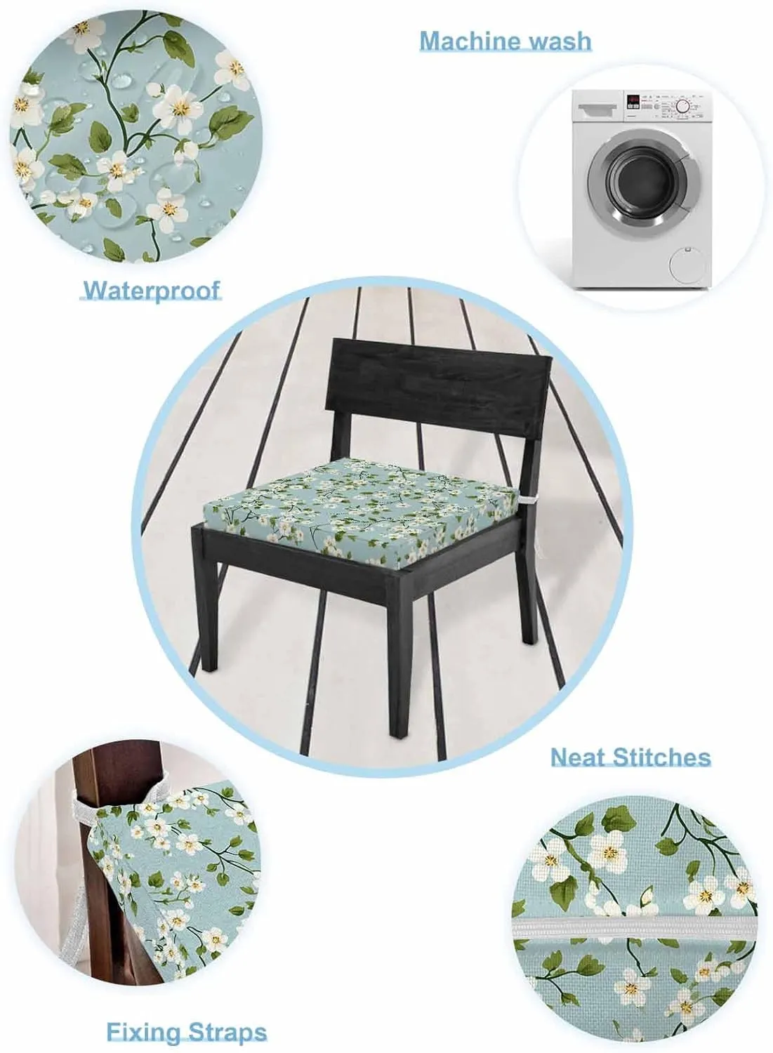 White Teal Spring Floral Outdoor Cushion Chair Cover Set of 2 - Waterproof Couch Seat Covers, Farmhouse Flowers Summer Botanical Patio Furniture Protector Cushions Slipcovers for Sofa/RV, 22"x20"x4"