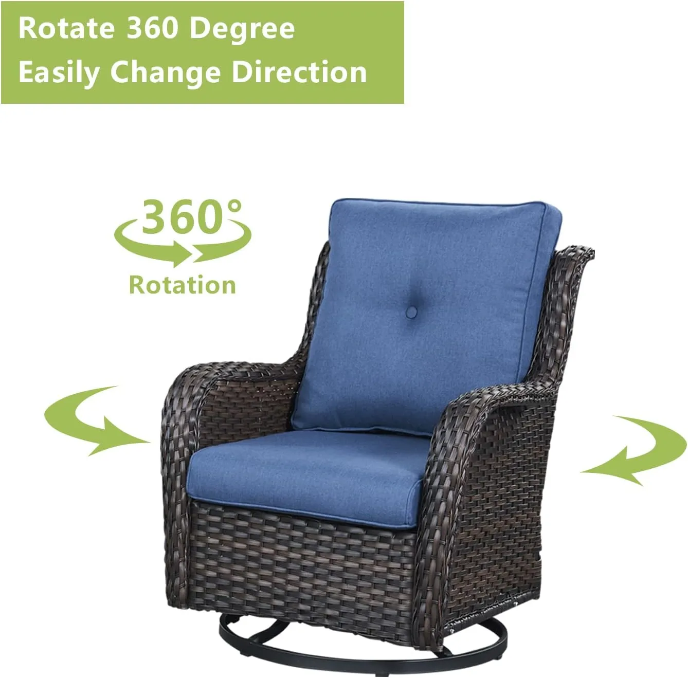 Wicker Rocking Chair Swivel Chairs - 2 Piece Rocker Patio Chairs Set Rattan Rocking Chair for Outdoor Porch Deck Garden Backyard (Brown/Blue)