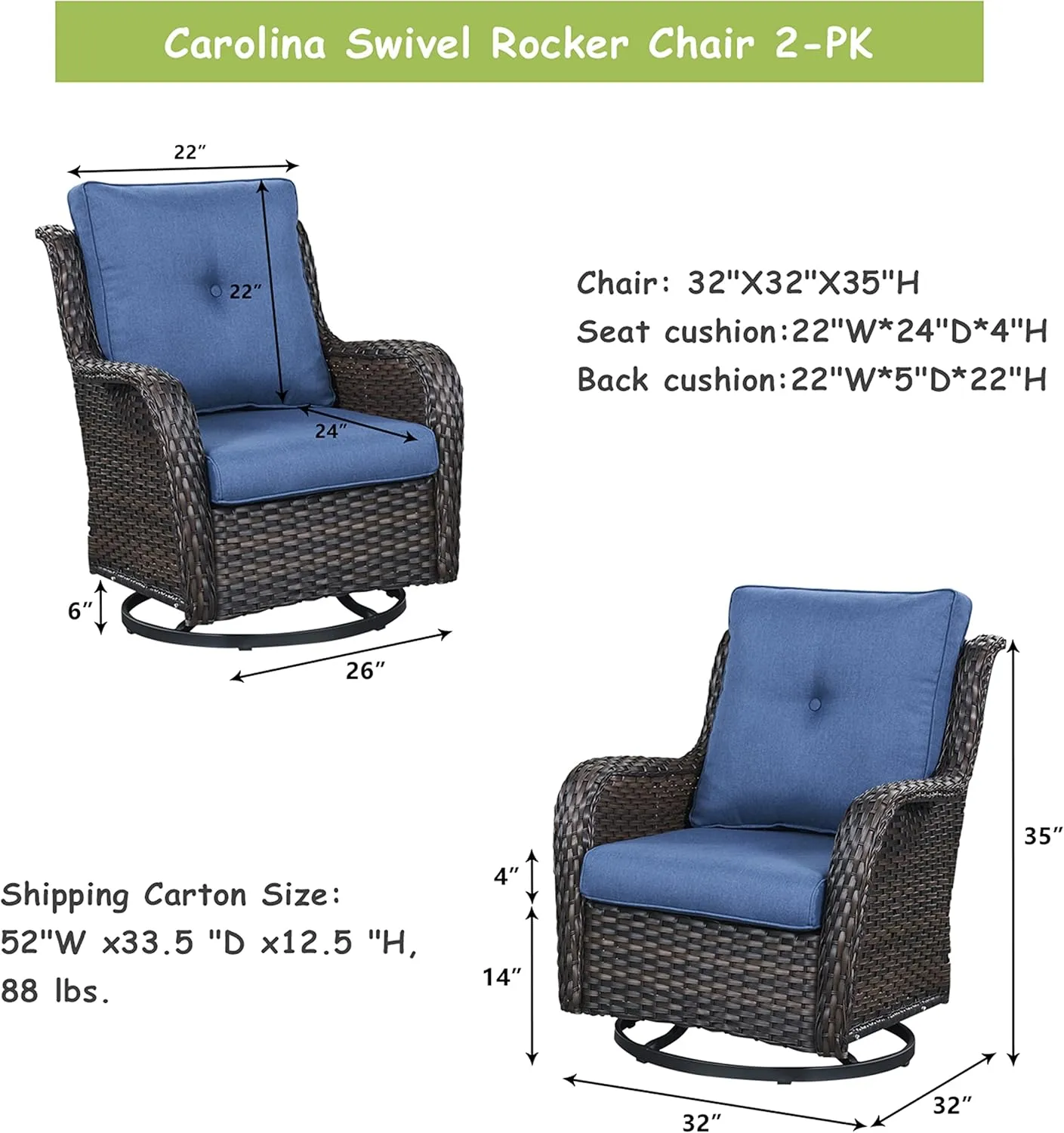 Wicker Rocking Chair Swivel Chairs - 2 Piece Rocker Patio Chairs Set Rattan Rocking Chair for Outdoor Porch Deck Garden Backyard (Brown/Blue)
