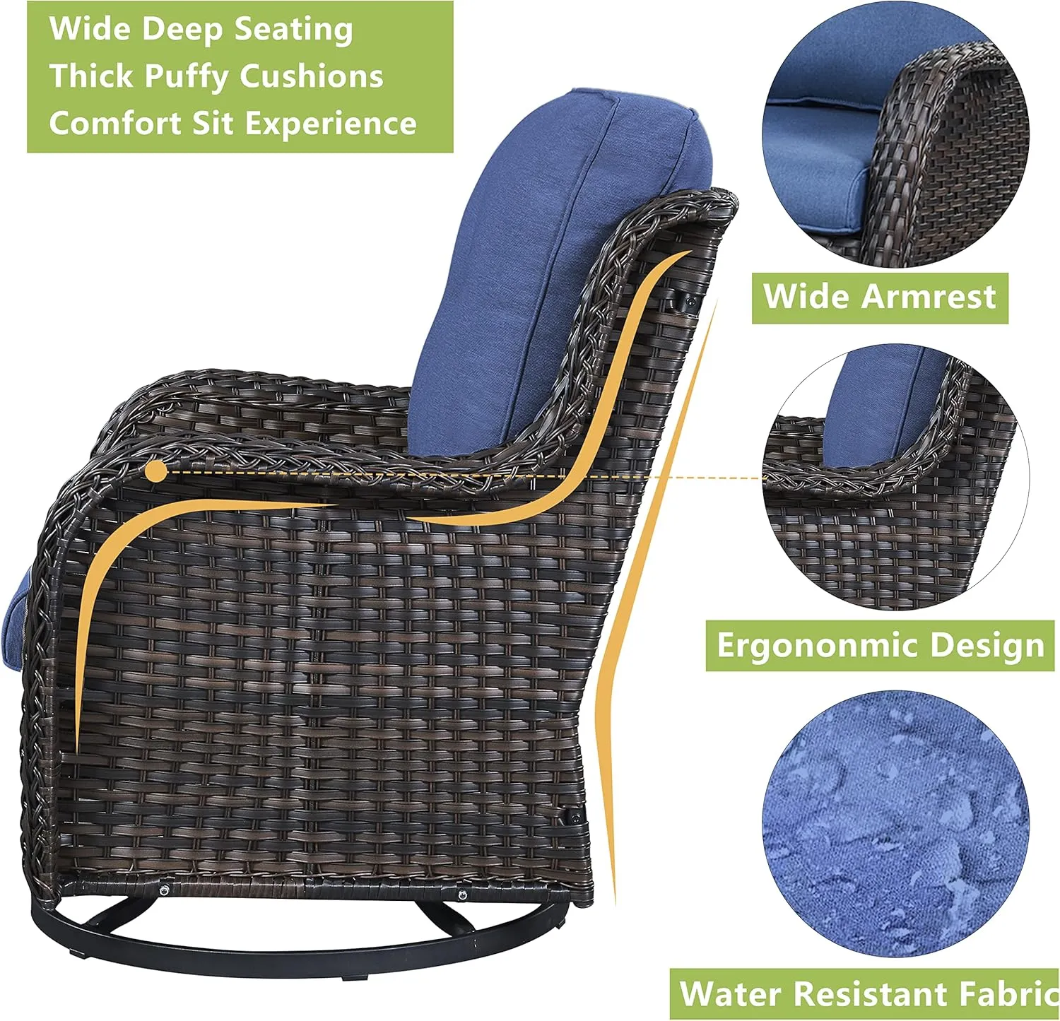 Wicker Rocking Chair Swivel Chairs - 2 Piece Rocker Patio Chairs Set Rattan Rocking Chair for Outdoor Porch Deck Garden Backyard (Brown/Blue)