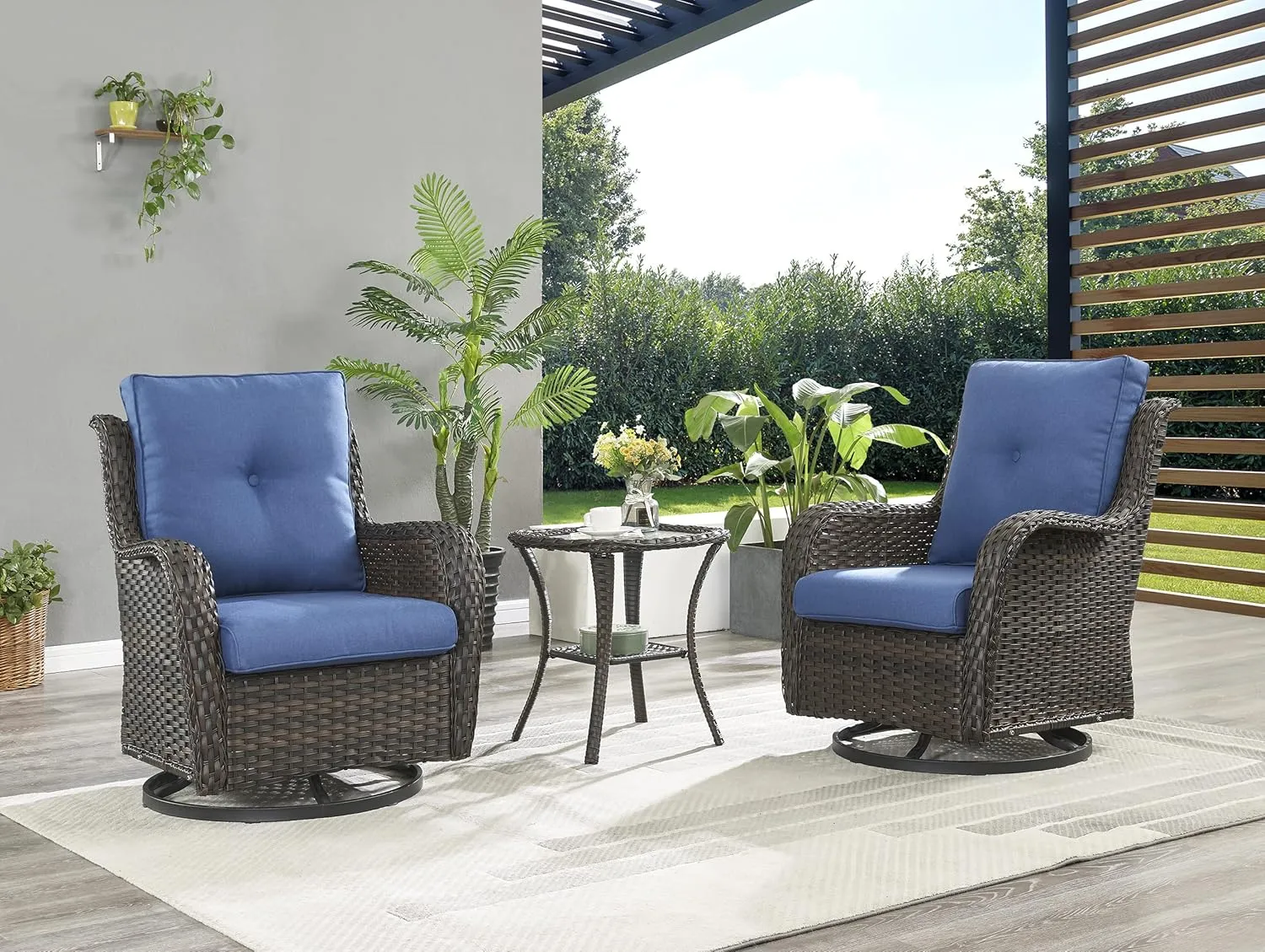 Wicker Rocking Chair Swivel Chairs - 2 Piece Rocker Patio Chairs Set Rattan Rocking Chair for Outdoor Porch Deck Garden Backyard (Brown/Blue)