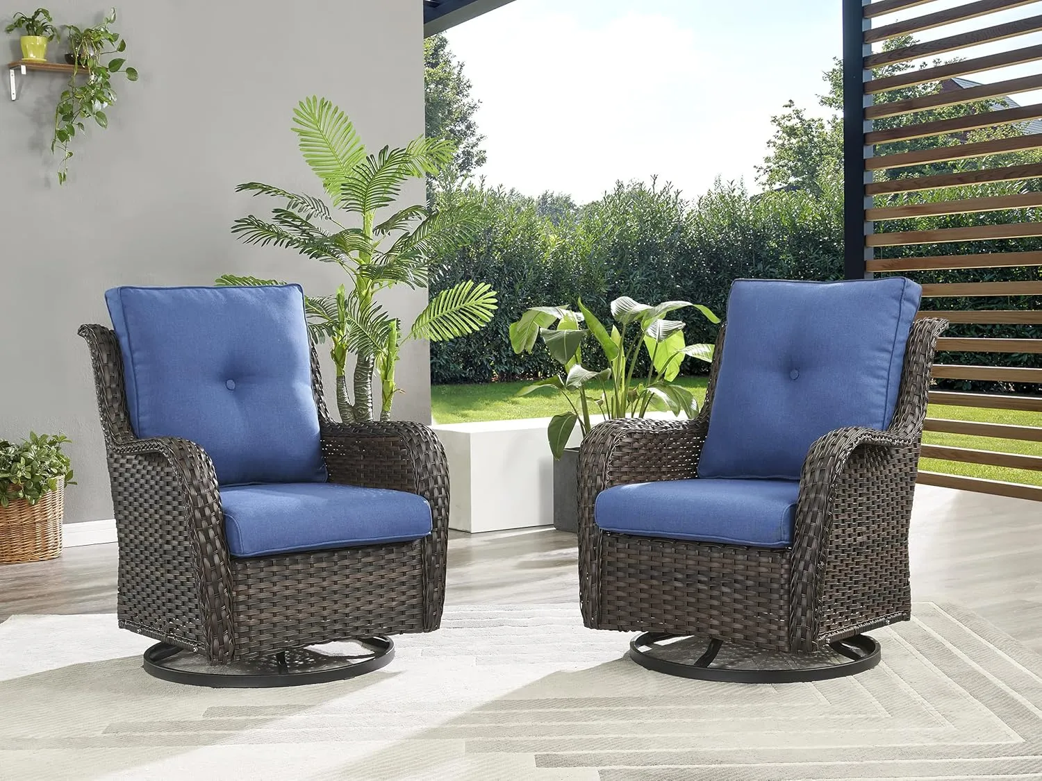 Wicker Rocking Chair Swivel Chairs - 2 Piece Rocker Patio Chairs Set Rattan Rocking Chair for Outdoor Porch Deck Garden Backyard (Brown/Blue)