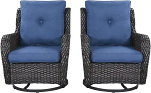 Wicker Rocking Chair Swivel Chairs - 2 Piece Rocker Patio Chairs Set Rattan Rocking Chair for Outdoor Porch Deck Garden Backyard (Brown/Blue)