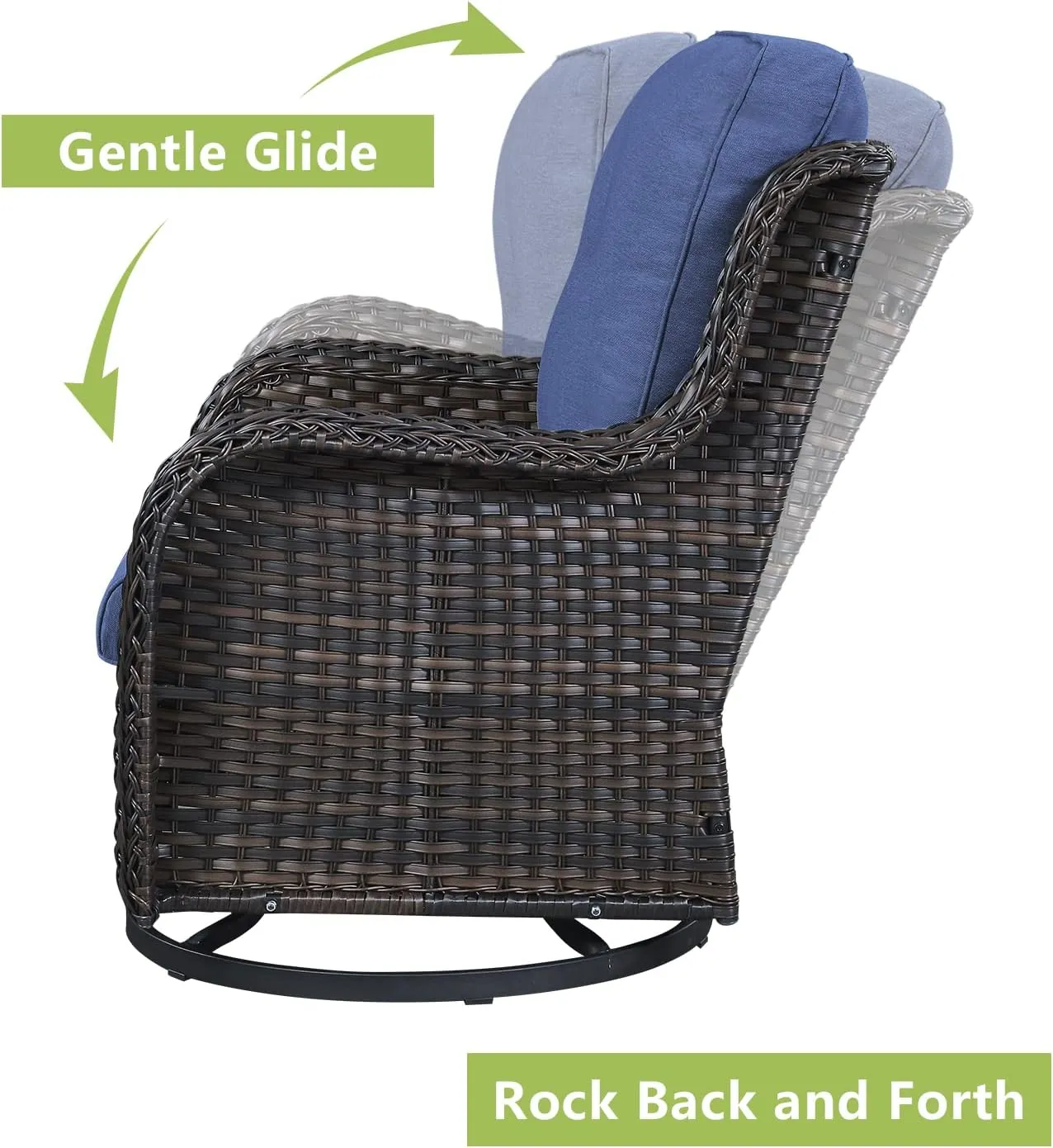 Wicker Rocking Chair Swivel Chairs - 2 Piece Rocker Patio Chairs Set Rattan Rocking Chair for Outdoor Porch Deck Garden Backyard (Brown/Blue)