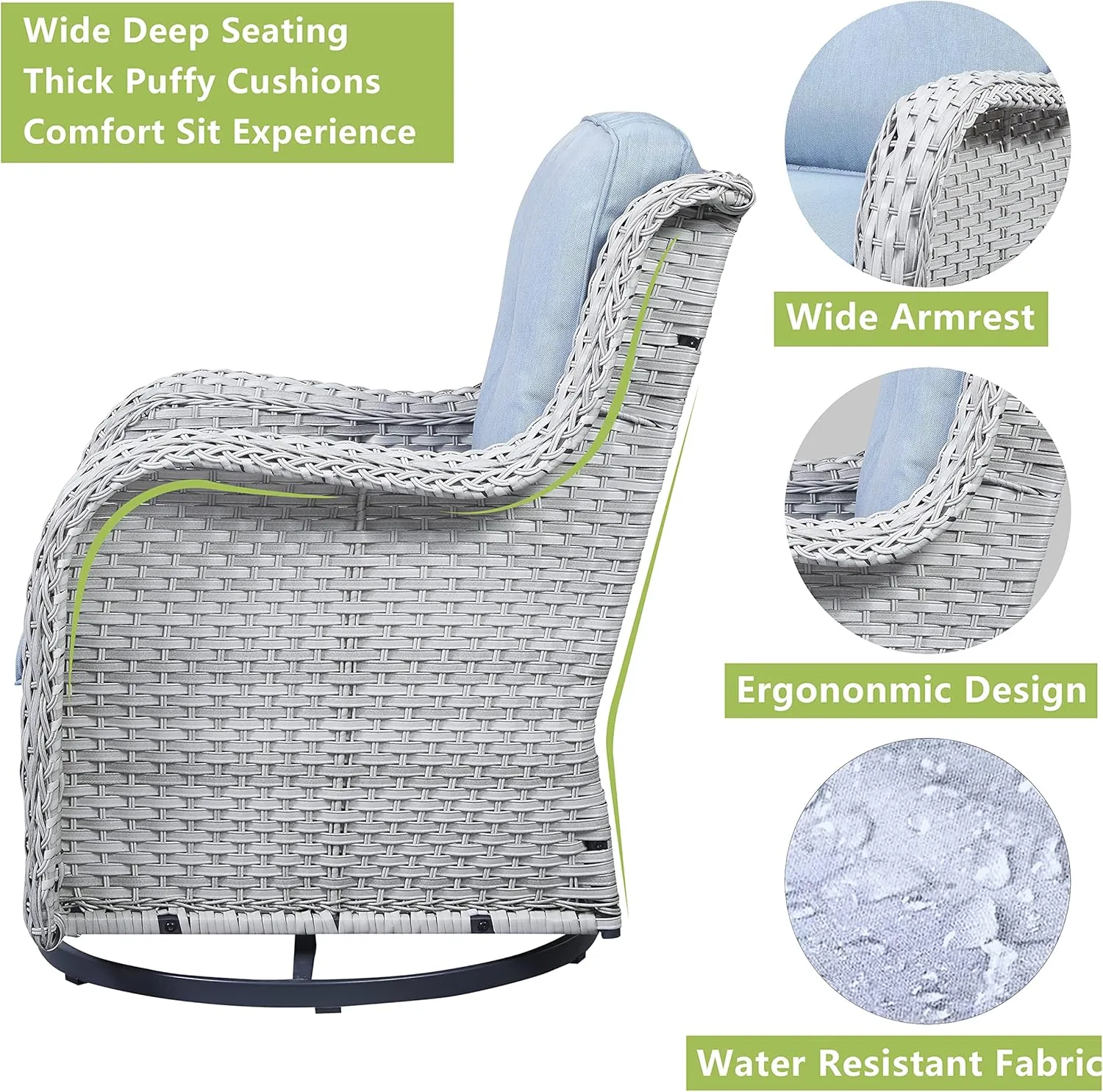 Wicker Rocking Chair Swivel Chairs - 2 Piece Rocker Patio Chairs Set Rattan Rocking Chair for Outdoor Porch Deck Garden Backyard(Light Grey/Sky Blue)