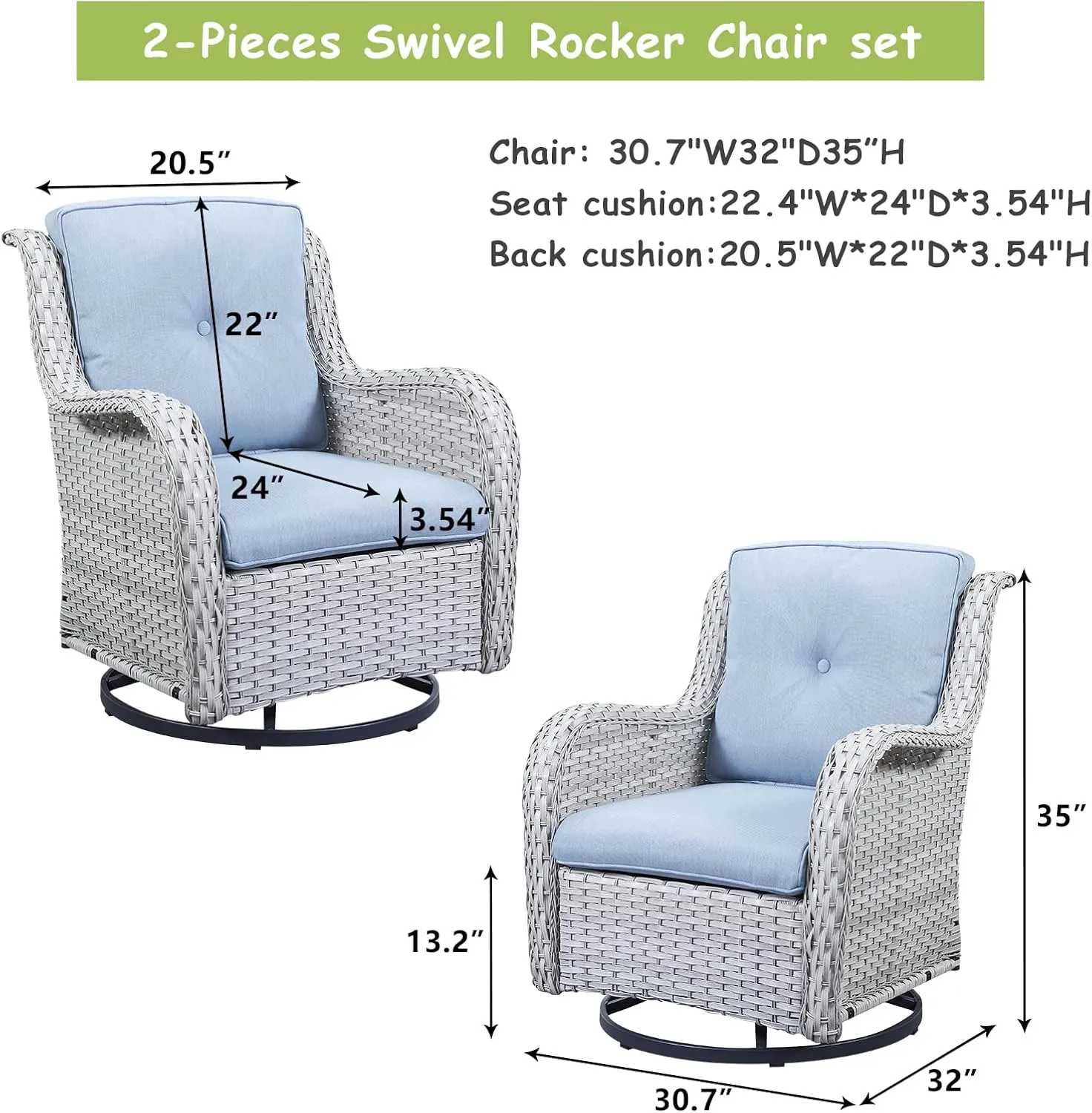 Wicker Rocking Chair Swivel Chairs - 2 Piece Rocker Patio Chairs Set Rattan Rocking Chair for Outdoor Porch Deck Garden Backyard(Light Grey/Sky Blue)