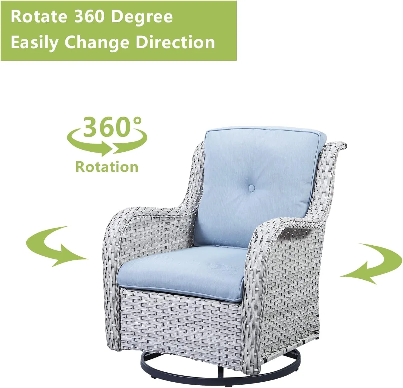 Wicker Rocking Chair Swivel Chairs - 2 Piece Rocker Patio Chairs Set Rattan Rocking Chair for Outdoor Porch Deck Garden Backyard(Light Grey/Sky Blue)