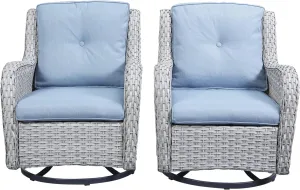 Wicker Rocking Chair Swivel Chairs - 2 Piece Rocker Patio Chairs Set Rattan Rocking Chair for Outdoor Porch Deck Garden Backyard(Light Grey/Sky Blue)