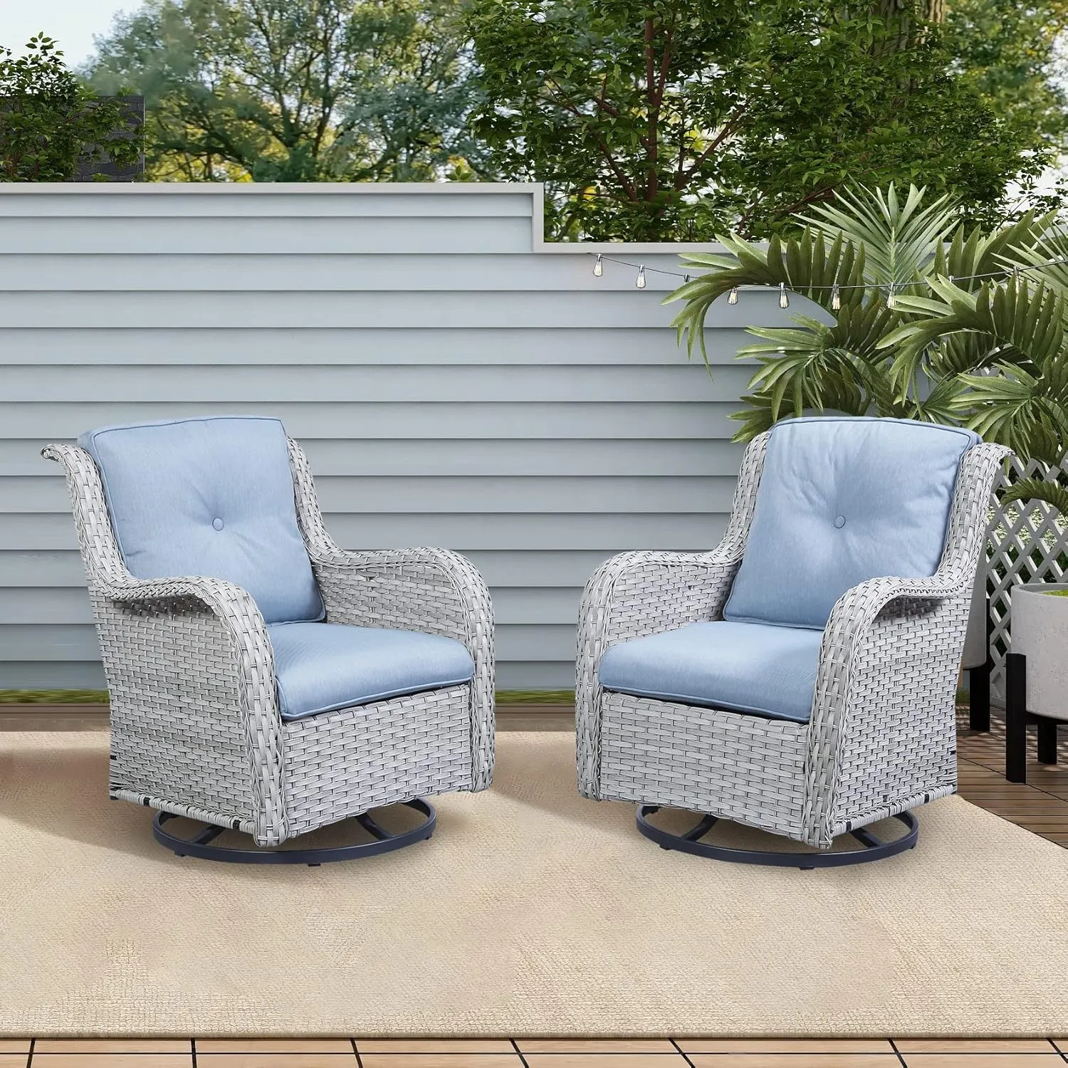 Wicker Rocking Chair Swivel Chairs - 2 Piece Rocker Patio Chairs Set Rattan Rocking Chair for Outdoor Porch Deck Garden Backyard(Light Grey/Sky Blue)