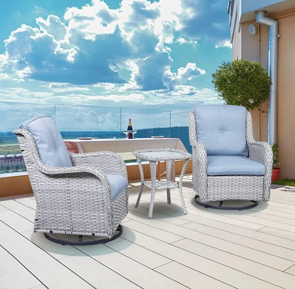 Wicker Rocking Chair Swivel Chairs - 2 Piece Rocker Patio Chairs Set Rattan Rocking Chair for Outdoor Porch Deck Garden Backyard(Light Grey/Sky Blue)