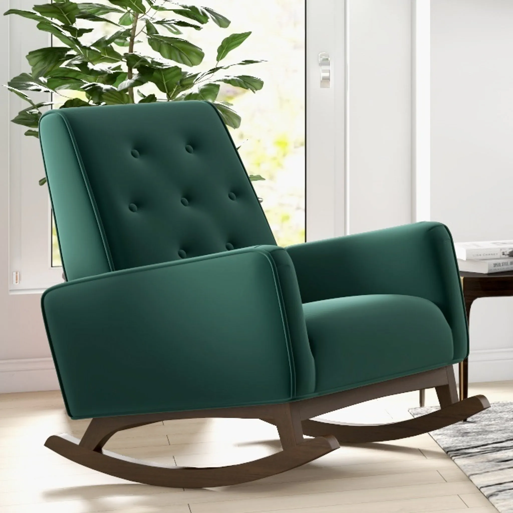 Windsor Green Velvet Fabric Rocking Chair
