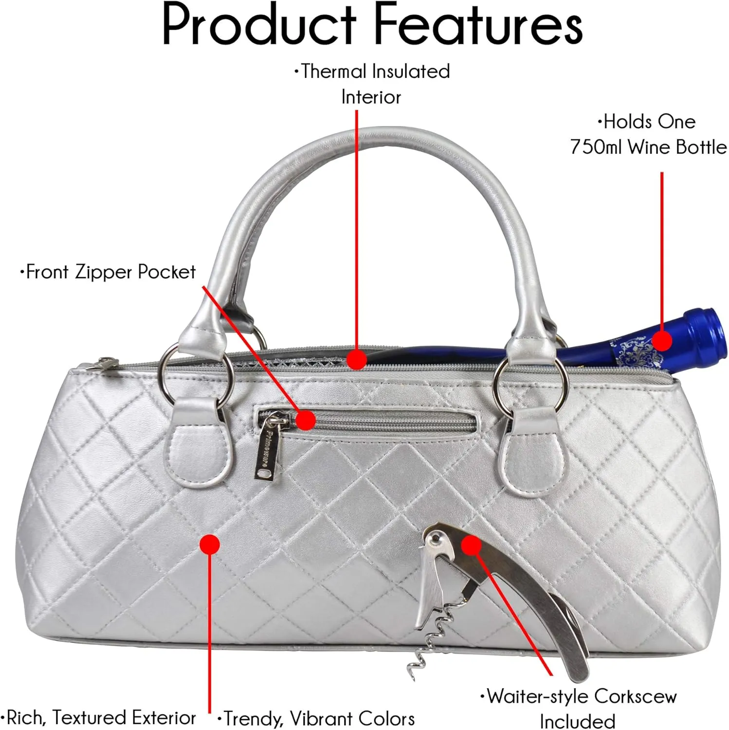 Wine Clutch Bag Thermal Insulated Wine Carrier Tote Holds Red and White Wine 750 Milliliter Bottle Includes Portable Waiter Style Corkscrew