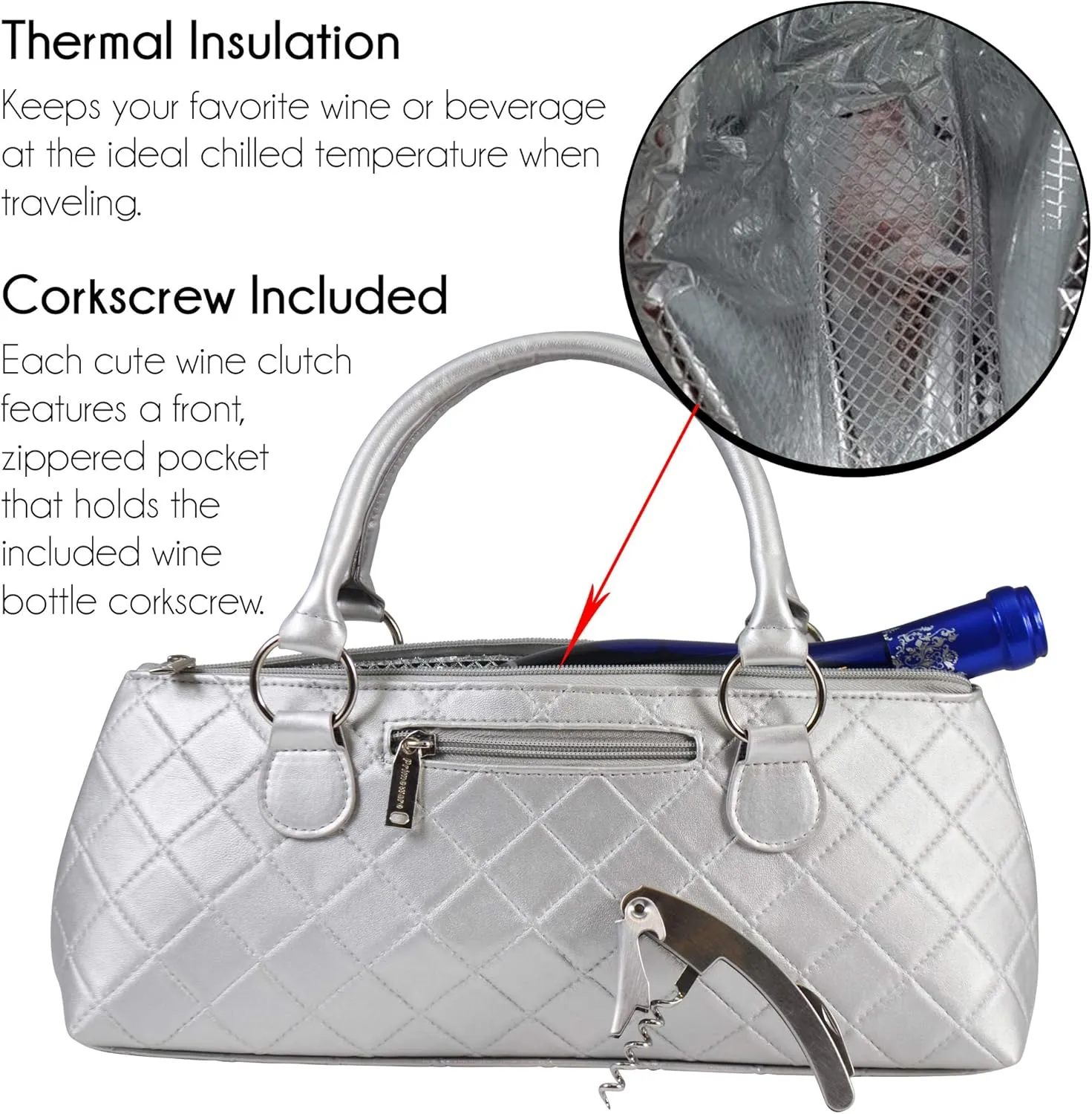 Wine Clutch Bag Thermal Insulated Wine Carrier Tote Holds Red and White Wine 750 Milliliter Bottle Includes Portable Waiter Style Corkscrew