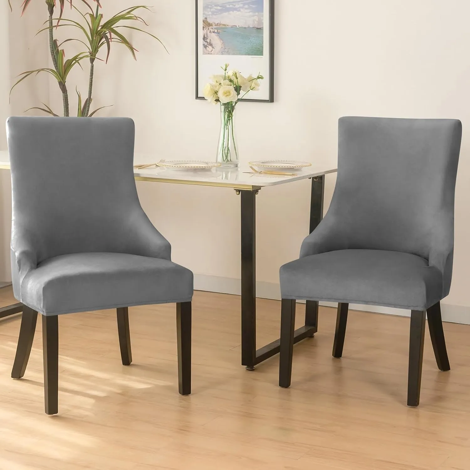 Wingback Side Chair Cover Slipcover Velvet Stretch Arm Chair Protector Accent Chair Cover Slipcover Washable Upholstered Arm Dining Chair Covers for Dining Living Room Banquet Decor(Dark Grey,4PCS)