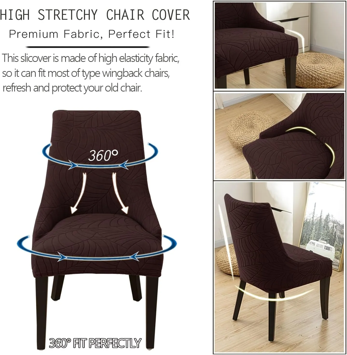 Wingback Side Chair Cover Stretch Dining Chair Covers Slipcovers Reusable Sloping Arm Chair Protector Cover Washable Upholstered Arm Dining Chair Cover for Dining Room Banquet Home Decor(A-dark brown,
