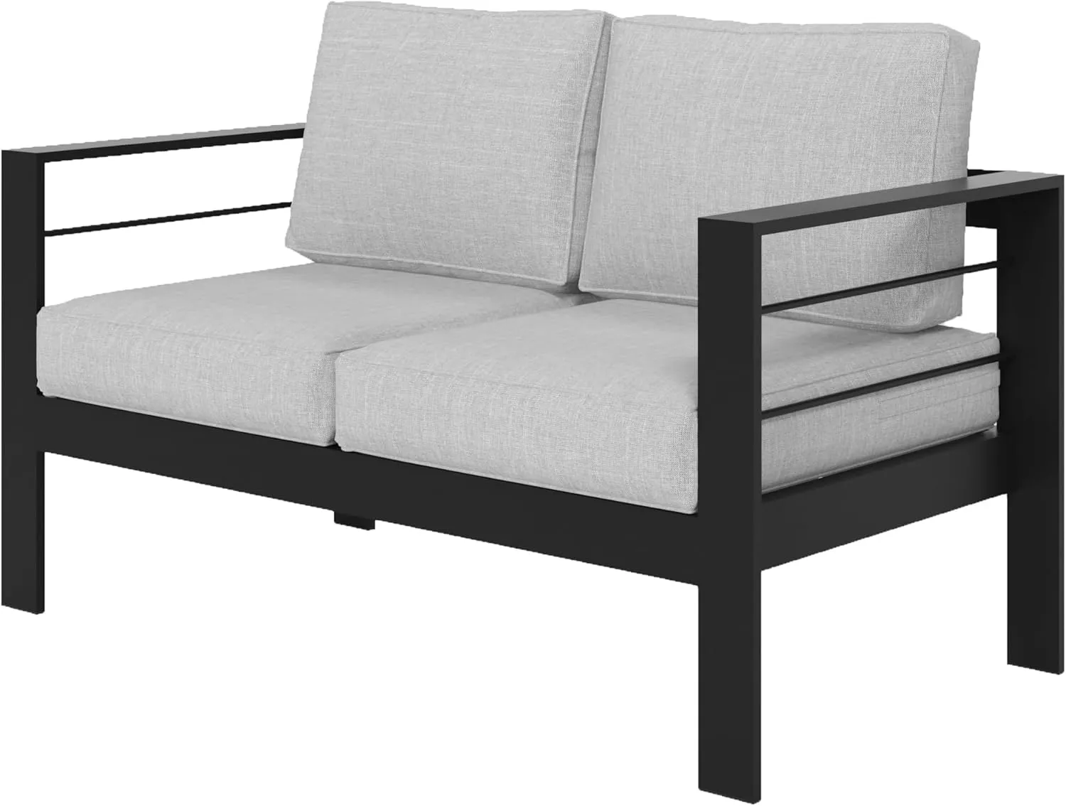 Wisteria Lane Patio Furniture Aluminum Loveseat, All-Weather Outdoor 2 Seats Sofa Couch, Black Metal Chair with Light Grey Cushions