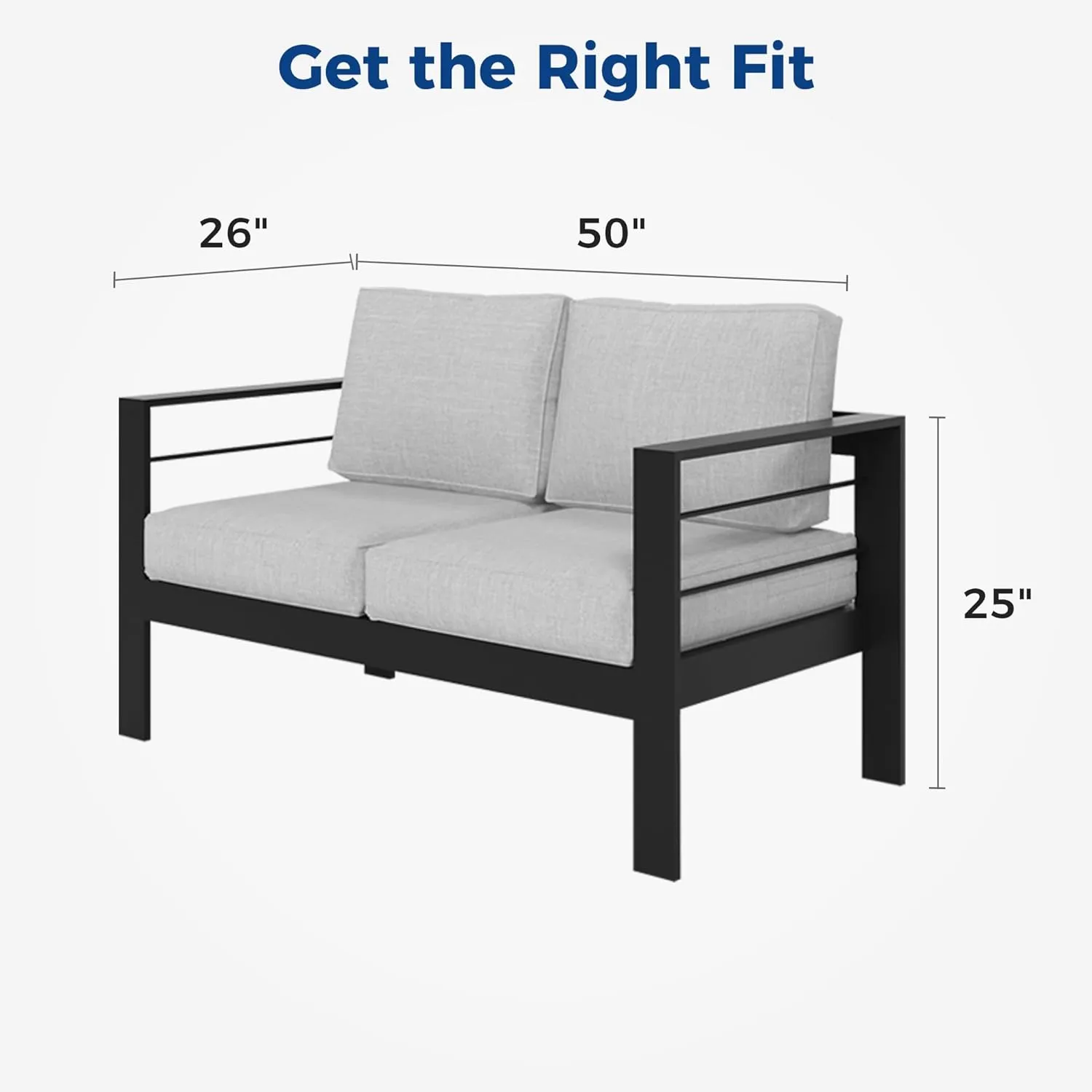 Wisteria Lane Patio Furniture Aluminum Loveseat, All-Weather Outdoor 2 Seats Sofa Couch, Black Metal Chair with Light Grey Cushions