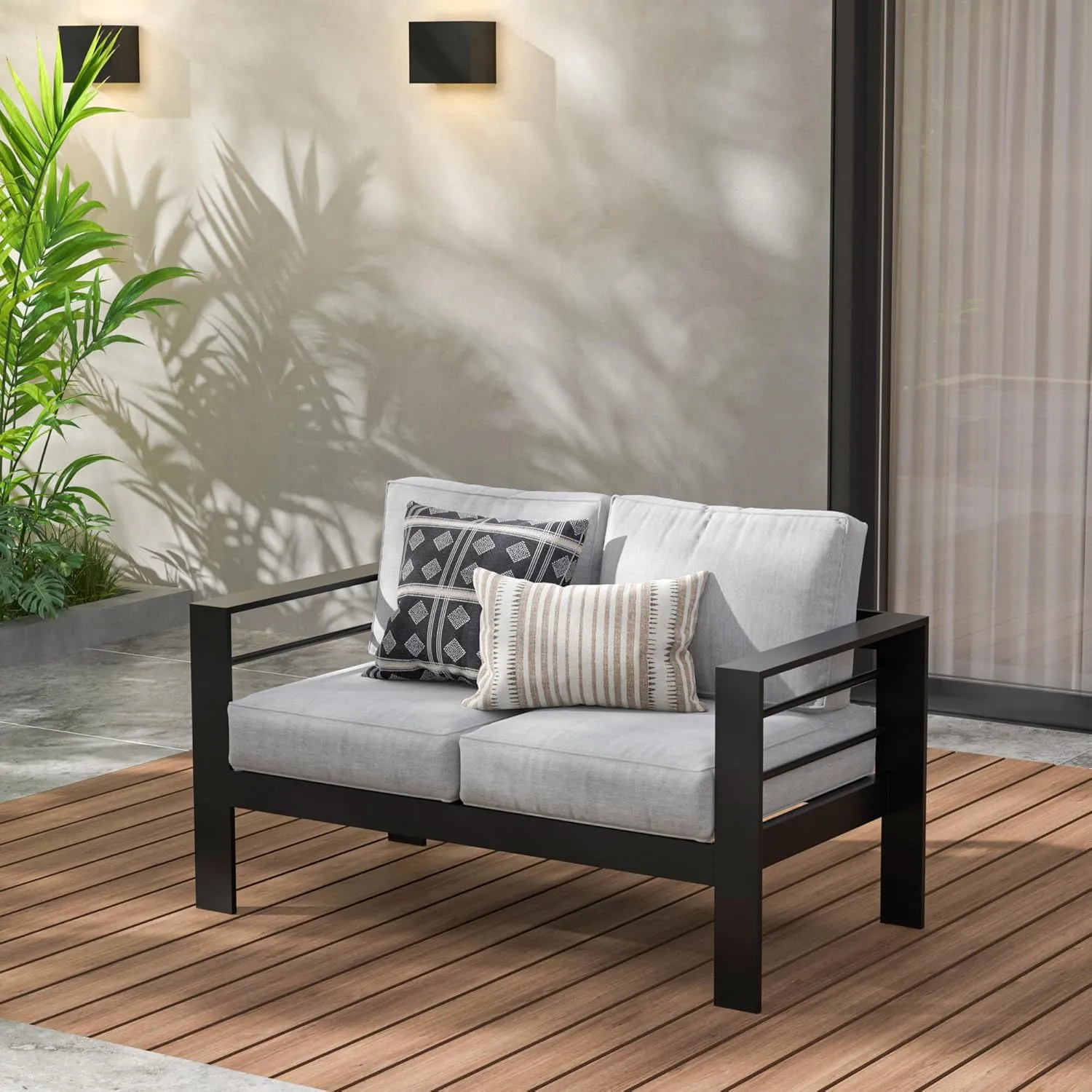Wisteria Lane Patio Furniture Aluminum Loveseat, All-Weather Outdoor 2 Seats Sofa Couch, Black Metal Chair with Light Grey Cushions