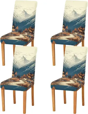 xigua 4pcs Vintage Village Dining Chair Covers, Soft Stretch Removable Washable Chair Cover for Kitchen,Hotel, Home Decor