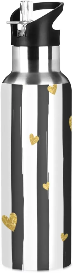 xigua Black And White Stripes With Hearts Water Bottle with Straw Lid 22 oz - Vacuum Insulated Stainless Steel Water Bottles Leakproof Water Flask for Fitness Sports Outdoor