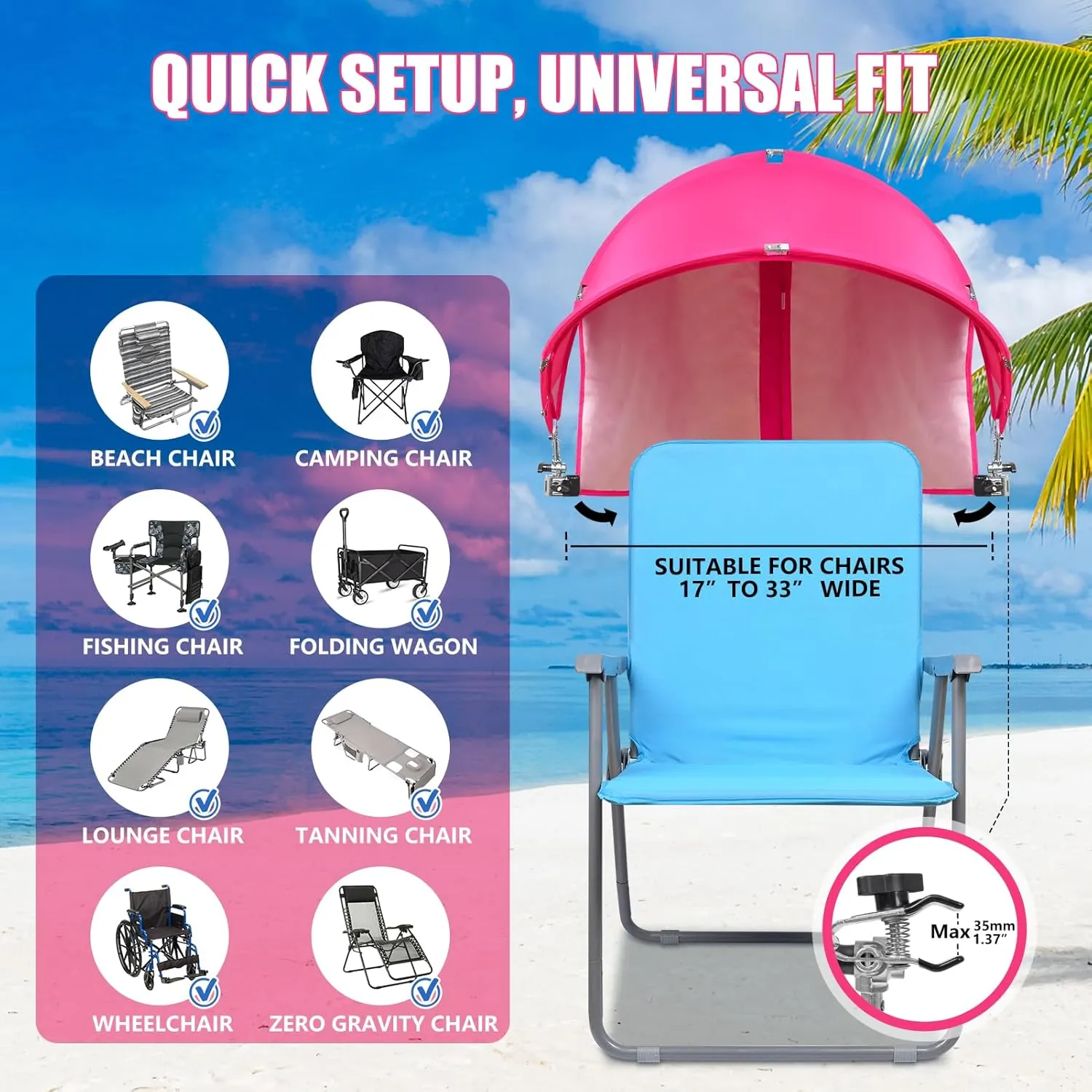 XL Universal Chair Canopy Umbrella, UPF 50  Foldable Sun Shade Attachment with Adjustable Clamp for Beach, Camping, Sports, Outdoor, Lawn, Tanning, Zero Gravity Chairs, Wagon, Wheelchair, Patented