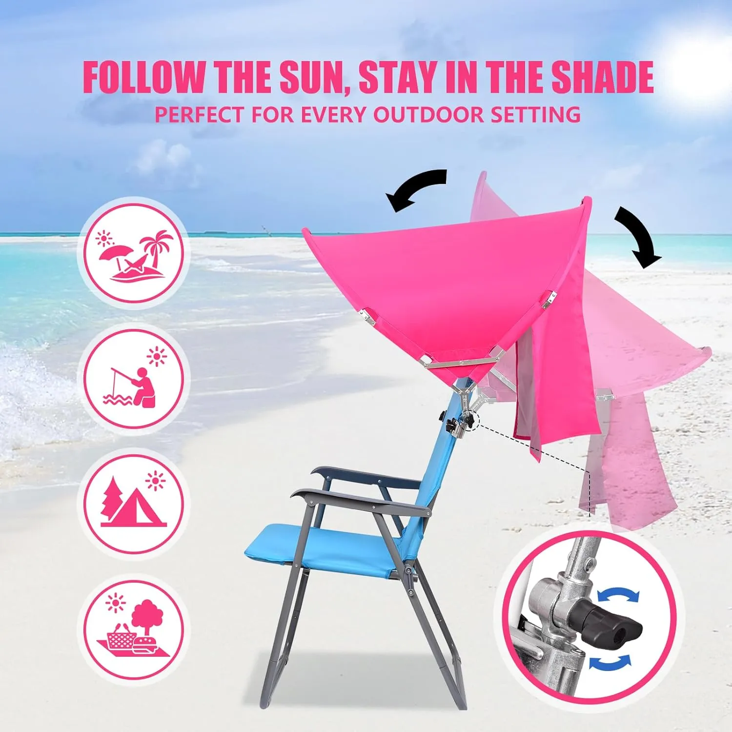 XL Universal Chair Canopy Umbrella, UPF 50  Foldable Sun Shade Attachment with Adjustable Clamp for Beach, Camping, Sports, Outdoor, Lawn, Tanning, Zero Gravity Chairs, Wagon, Wheelchair, Patented