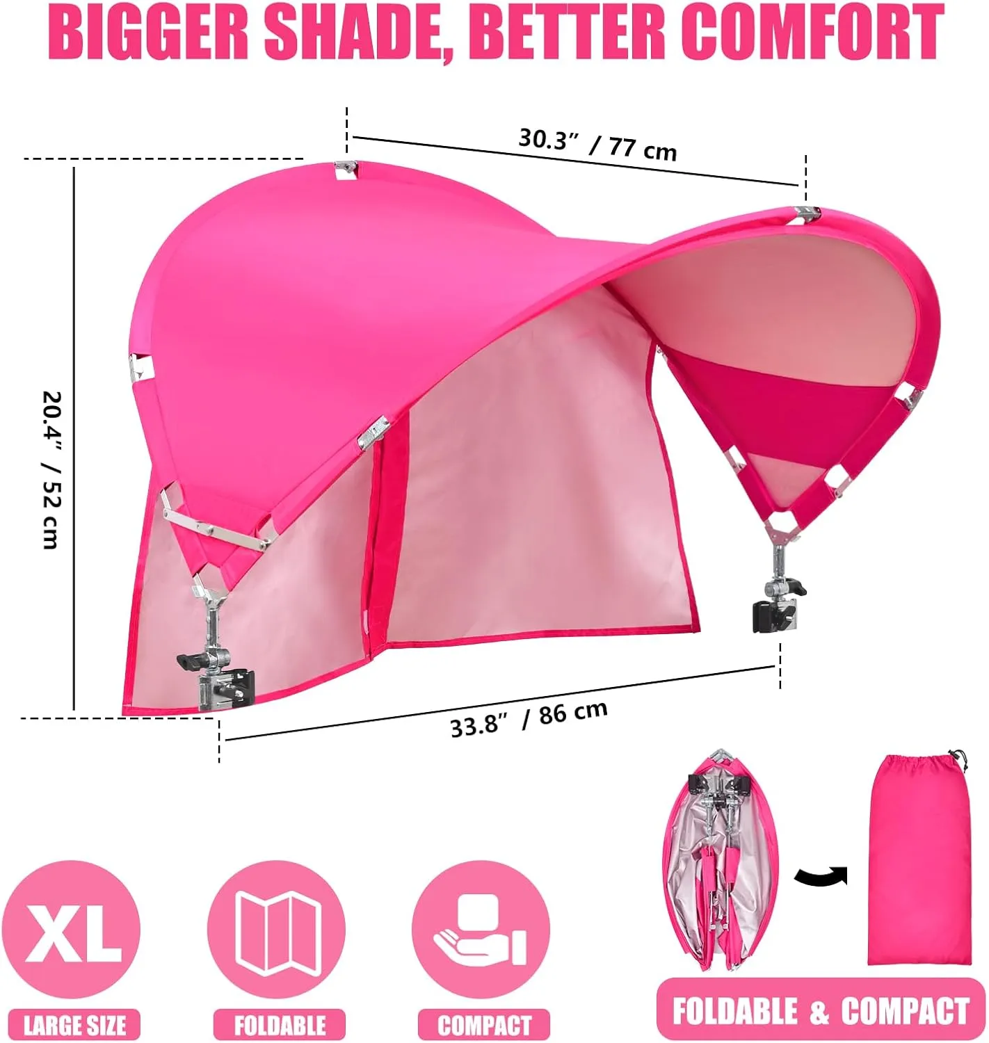 XL Universal Chair Canopy Umbrella, UPF 50  Foldable Sun Shade Attachment with Adjustable Clamp for Beach, Camping, Sports, Outdoor, Lawn, Tanning, Zero Gravity Chairs, Wagon, Wheelchair, Patented