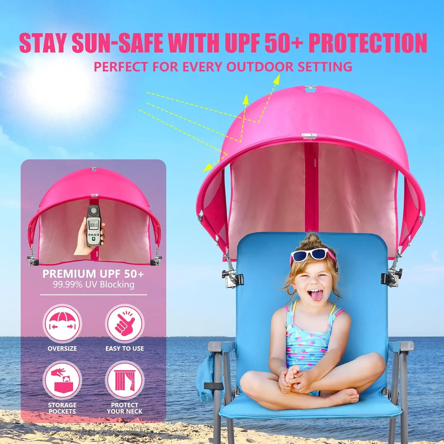 XL Universal Chair Canopy Umbrella, UPF 50  Foldable Sun Shade Attachment with Adjustable Clamp for Beach, Camping, Sports, Outdoor, Lawn, Tanning, Zero Gravity Chairs, Wagon, Wheelchair, Patented