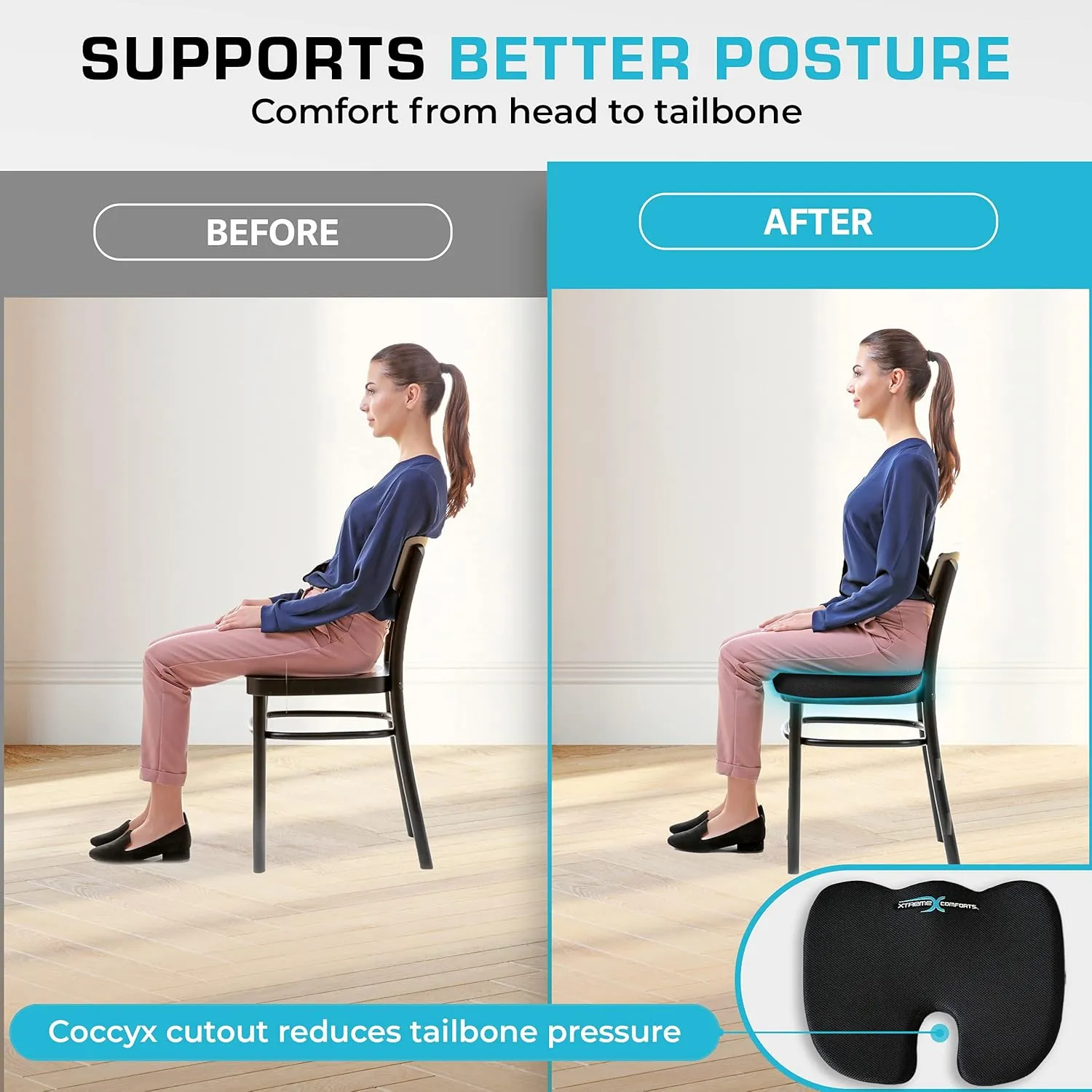 Xtreme Comforts Seat Cushion, Office Chair Cushions - Pack of 1 Padded Foam Cushion w/Handle for Desk, Wheelchair & Car Use - Back Support Pillow for Chair ﻿- Travel Bag Included