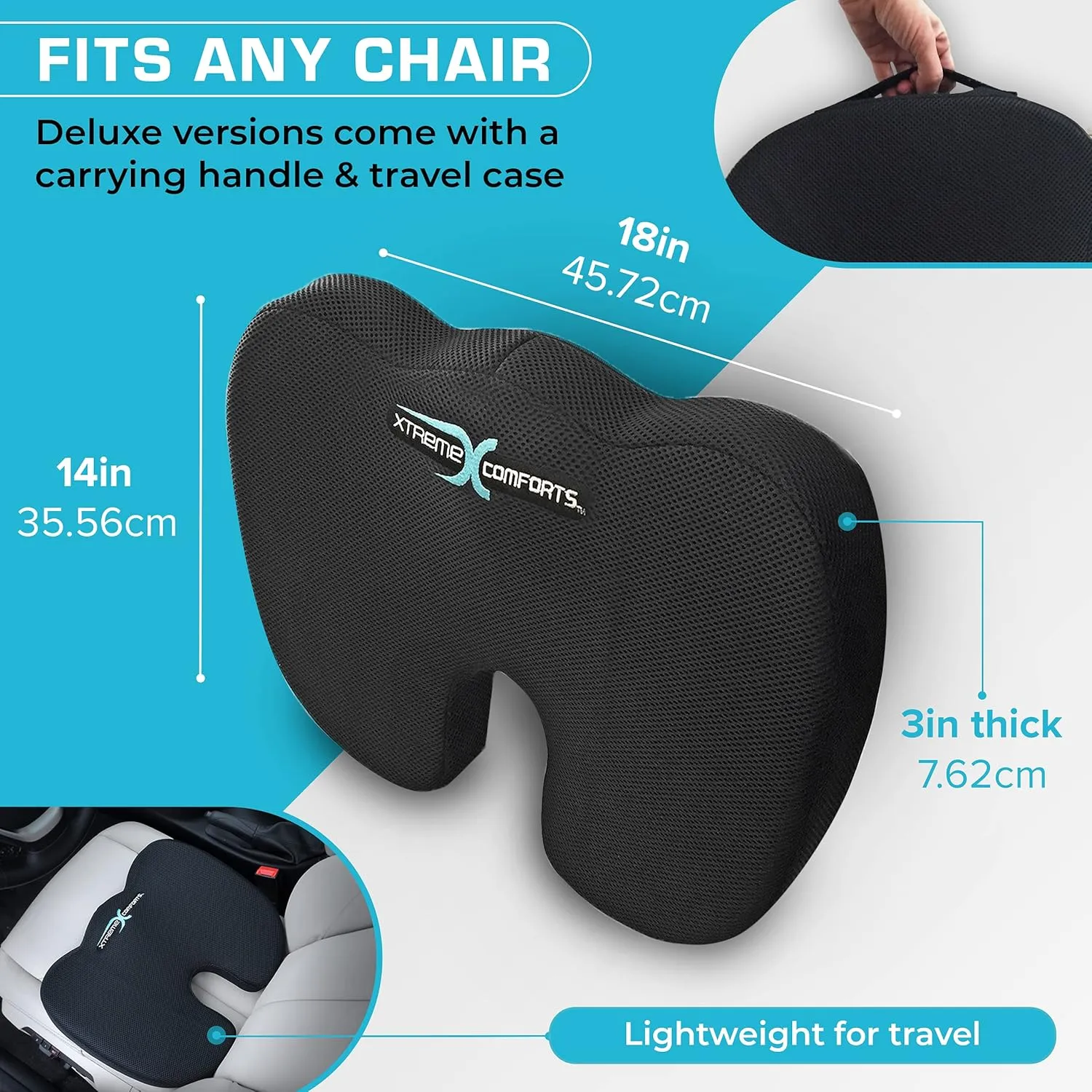 Xtreme Comforts Seat Cushion, Office Chair Cushions - Pack of 1 Padded Foam Cushion w/Handle for Desk, Wheelchair & Car Use - Back Support Pillow for Chair ﻿- Travel Bag Included