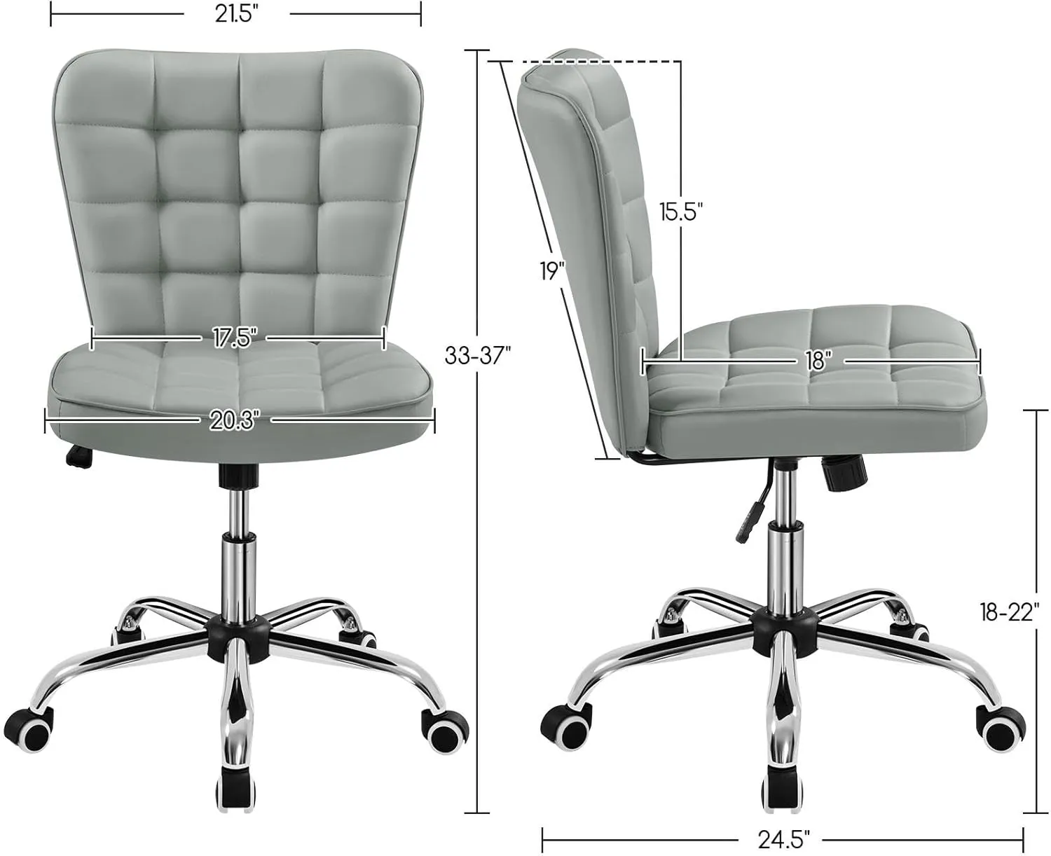 Yaheetech Armless Desk Chair Modern Tufted Office Chair Faux Leather Upholstered Computer Chair with Adjustable Seat Height and Rolling Wheels for Home/Office, Light Gray