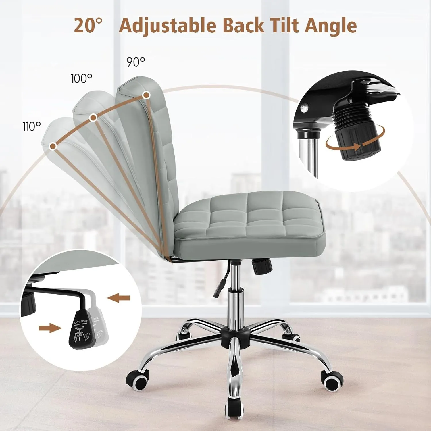 Yaheetech Armless Desk Chair Modern Tufted Office Chair Faux Leather Upholstered Computer Chair with Adjustable Seat Height and Rolling Wheels for Home/Office, Light Gray