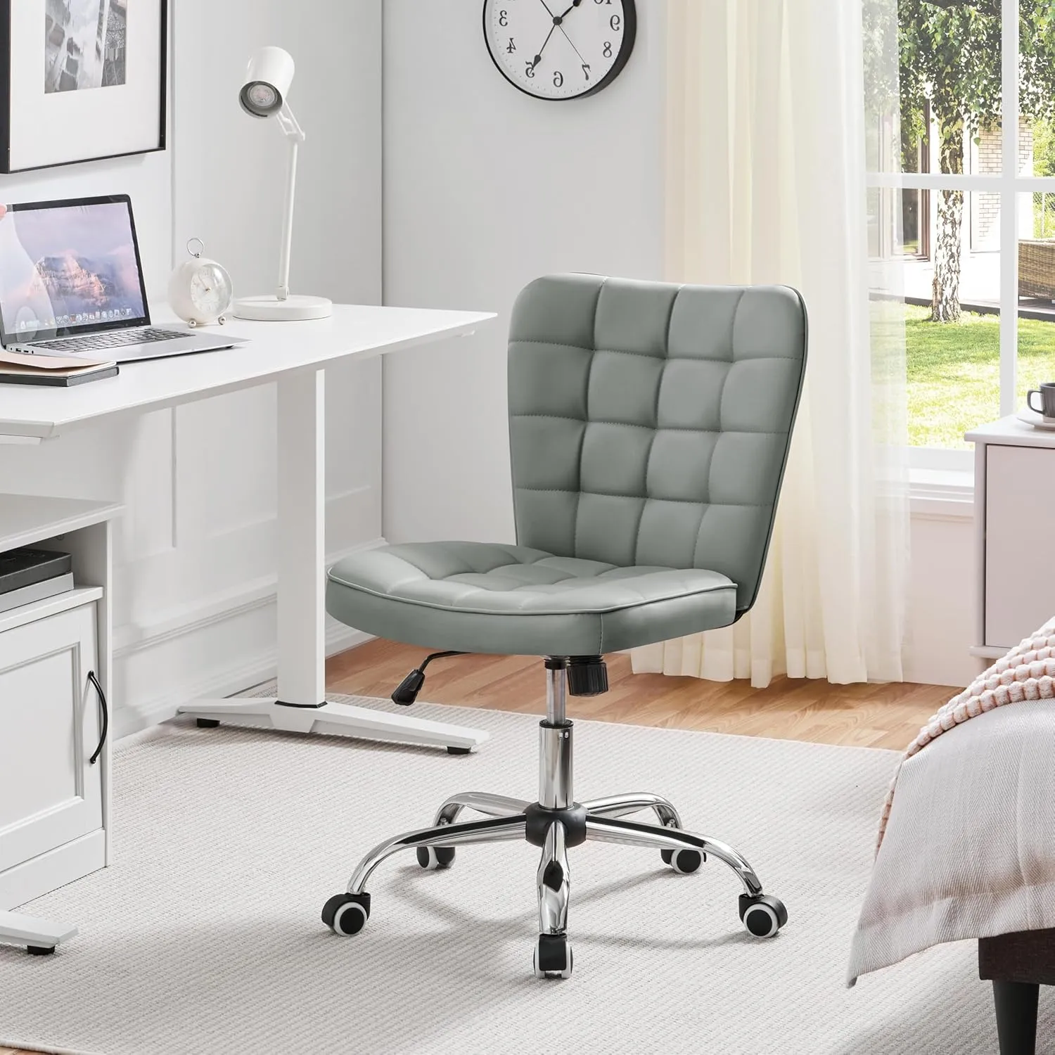 Yaheetech Armless Desk Chair Modern Tufted Office Chair Faux Leather Upholstered Computer Chair with Adjustable Seat Height and Rolling Wheels for Home/Office, Light Gray