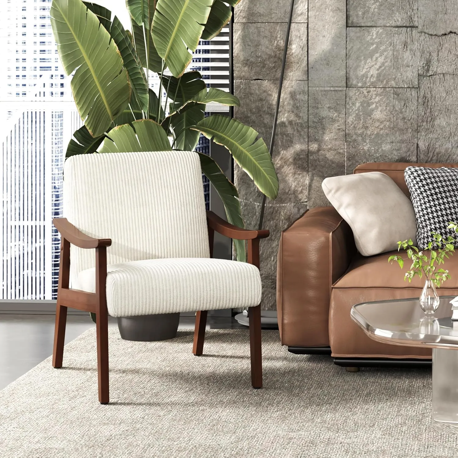 Yaheetech Corduroy Accent Chair, Mid-Century Modern Armchair with Solid Wood Legs, Reading Leisure Chair with High Back for Living Room Bedroom Waiting Room Beige