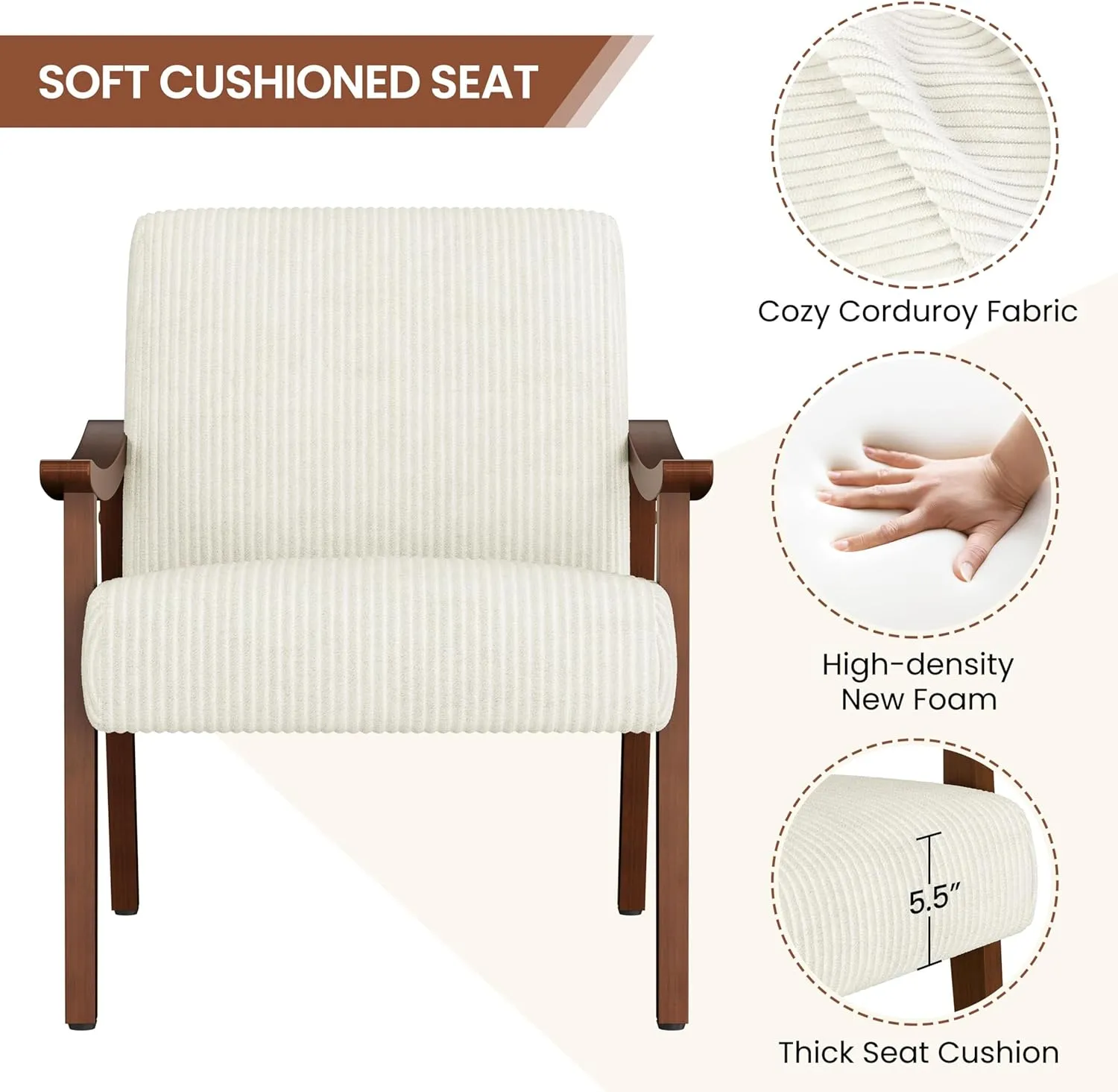 Yaheetech Corduroy Accent Chair, Mid-Century Modern Armchair with Solid Wood Legs, Reading Leisure Chair with High Back for Living Room Bedroom Waiting Room Beige