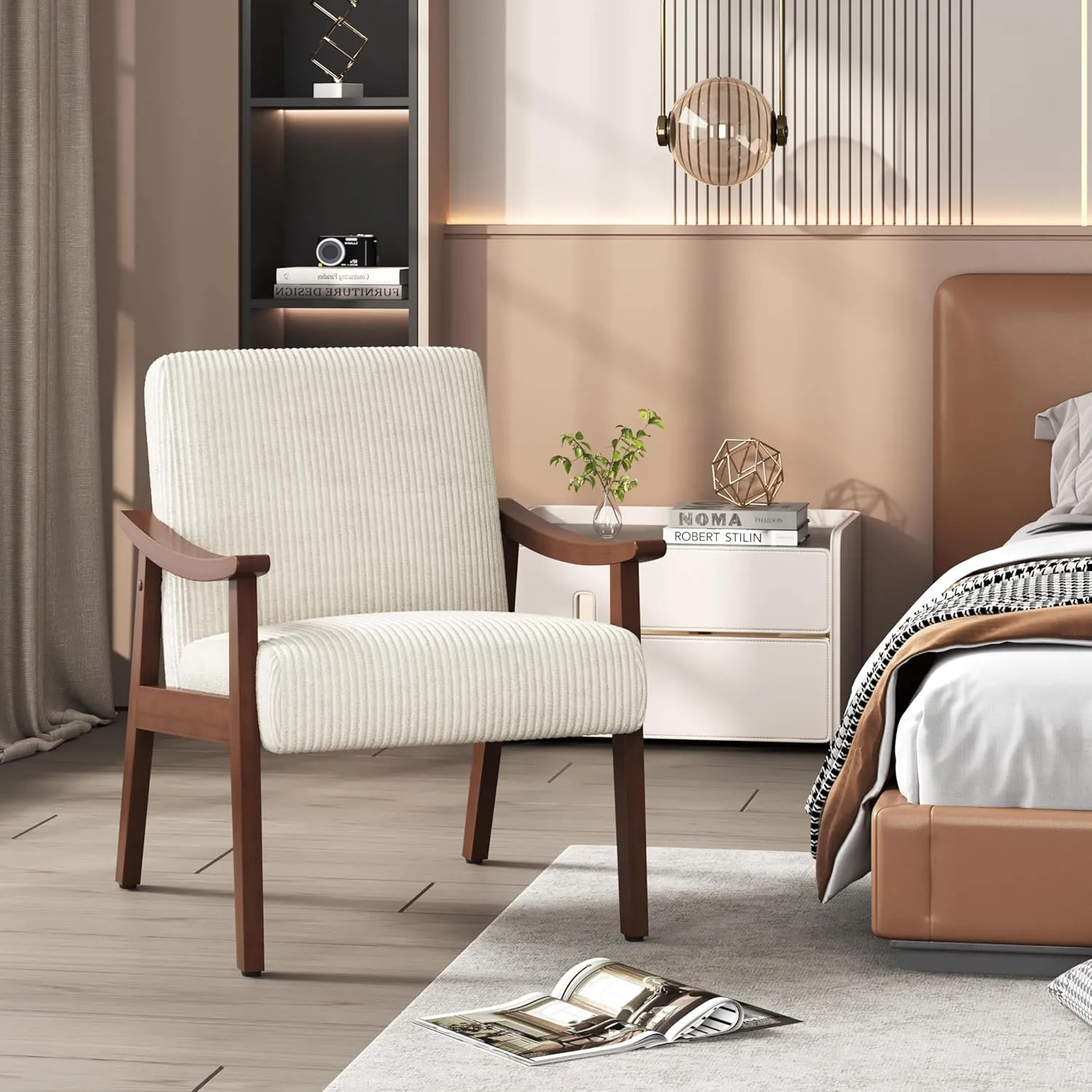 Yaheetech Corduroy Accent Chair, Mid-Century Modern Armchair with Solid Wood Legs, Reading Leisure Chair with High Back for Living Room Bedroom Waiting Room Beige