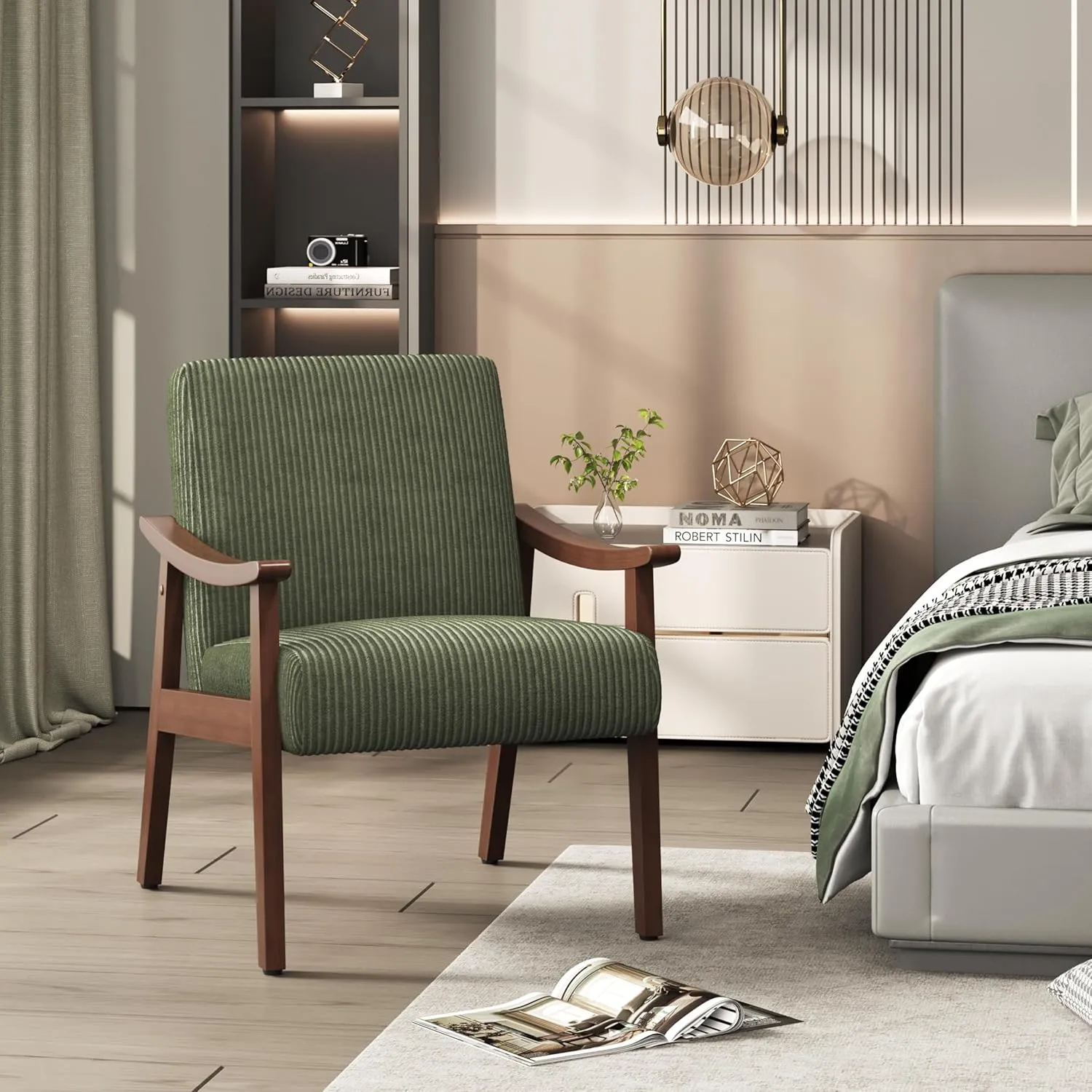 Yaheetech Corduroy Accent Chair, Mid-Century Modern Armchair with Solid Wood Legs, Reading Leisure Chair with High Back for Living Room Bedroom Waiting Room Dark Green