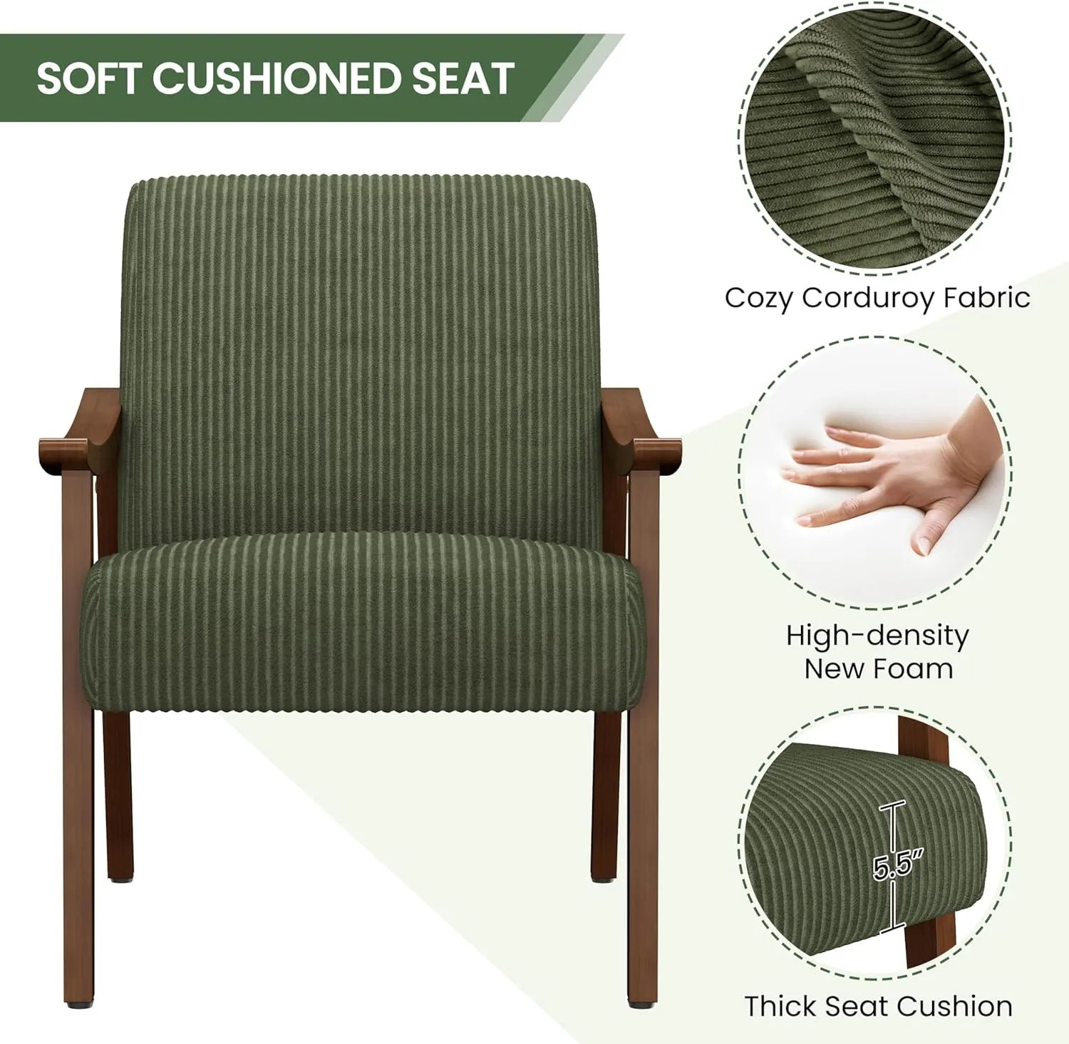 Yaheetech Corduroy Accent Chair, Mid-Century Modern Armchair with Solid Wood Legs, Reading Leisure Chair with High Back for Living Room Bedroom Waiting Room Dark Green