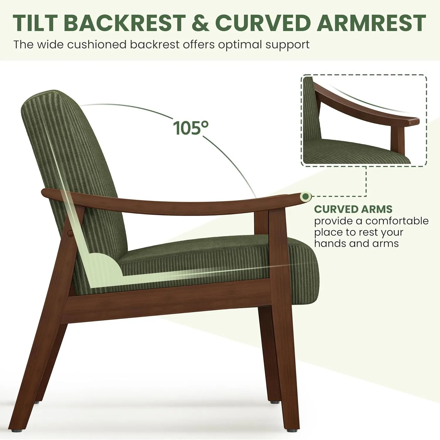 Yaheetech Corduroy Accent Chair, Mid-Century Modern Armchair with Solid Wood Legs, Reading Leisure Chair with High Back for Living Room Bedroom Waiting Room Dark Green
