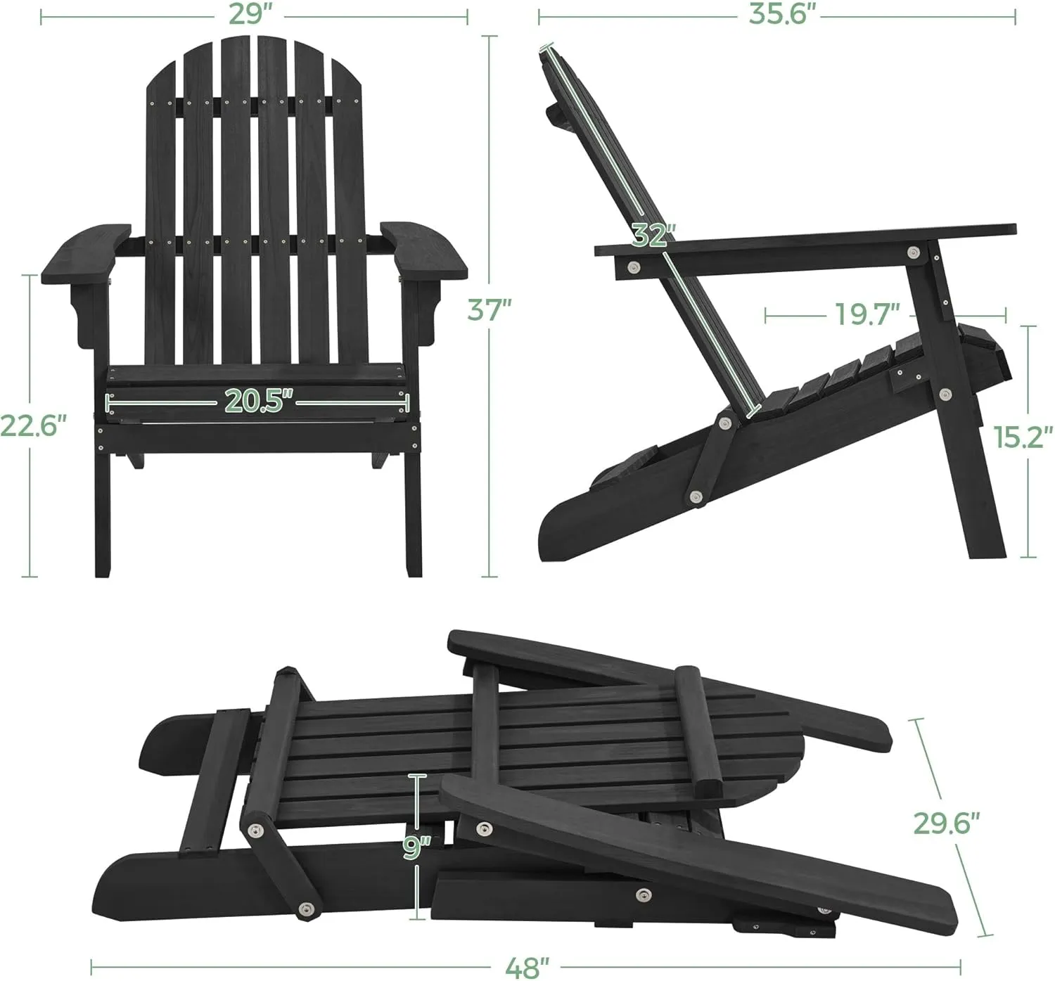 Yaheetech Folding Adirondack Chair Set of 2 Outdoor, 300LBS Solid Wood Garden Chair Weather Resistant, Fire Pit Lounge Chairs for Garden/Yard/Patio/Lawn, Black