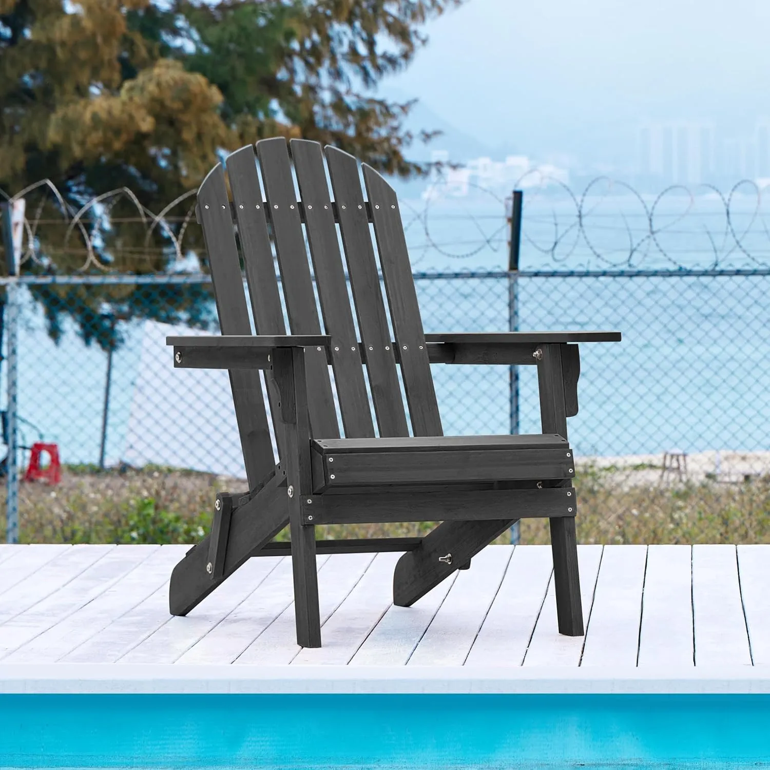 Yaheetech Folding Adirondack Chair Set of 2 Outdoor, 300LBS Solid Wood Garden Chair Weather Resistant, Fire Pit Lounge Chairs for Garden/Yard/Patio/Lawn, Black