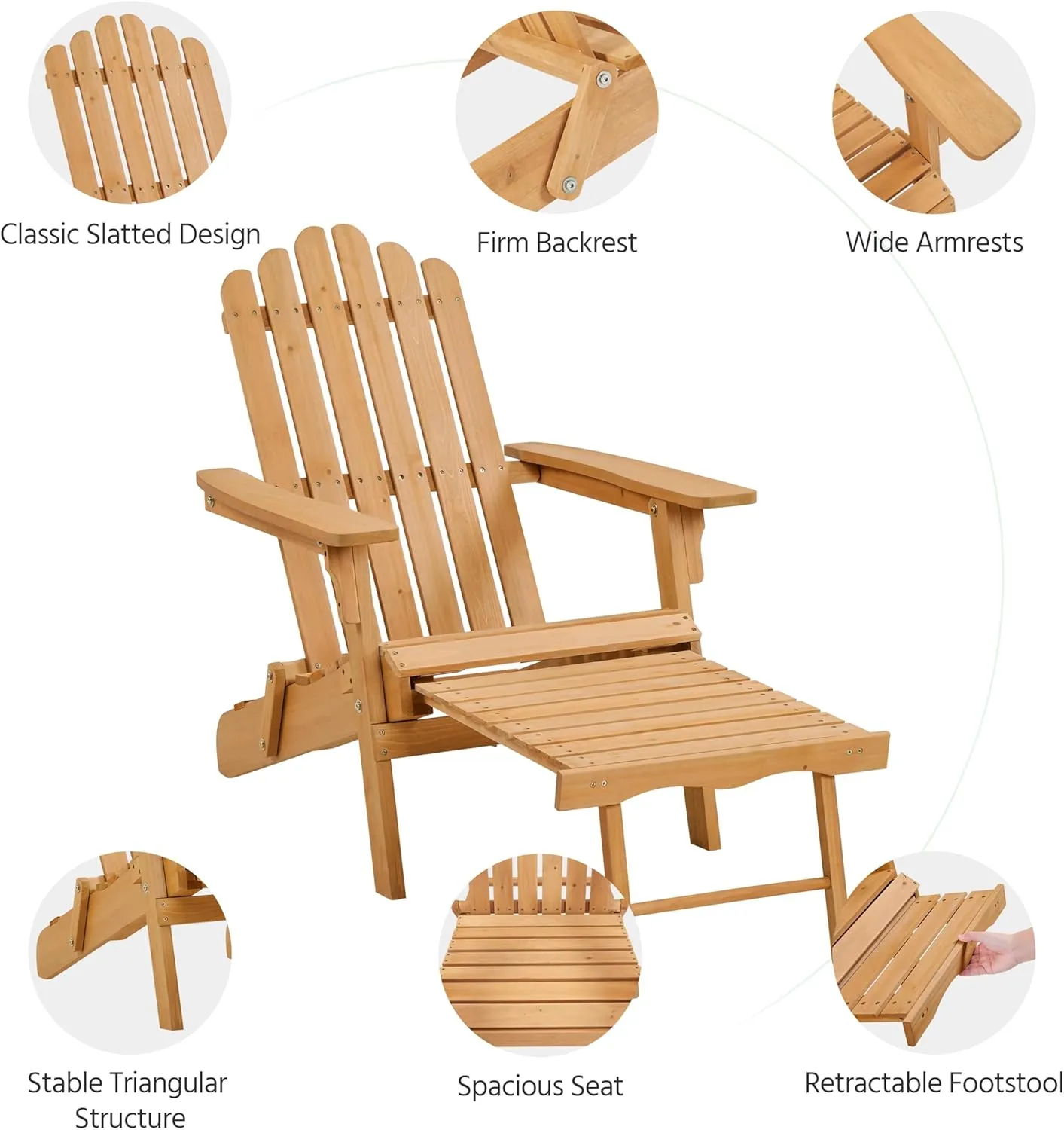 Yaheetech Folding Adirondack Chair with Retractable Ottoman Weight Capacity 300lb Solid Wood Garden Chair, Fire Pit Lounge Chairs Weather Resistant Furniture for Garden/Yard/Patio/Lawn, Brown