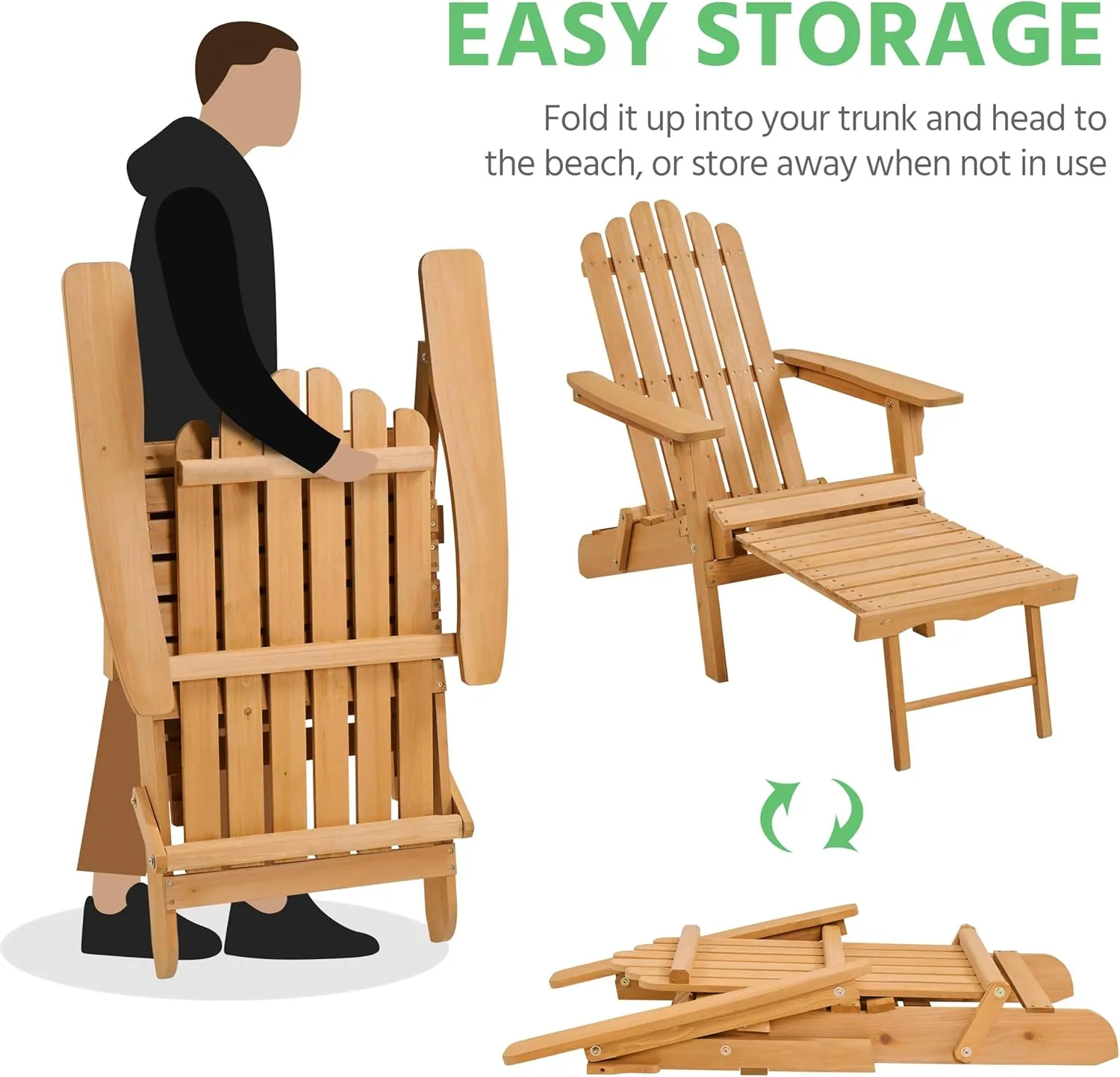 Yaheetech Folding Adirondack Chair with Retractable Ottoman Weight Capacity 300lb Solid Wood Garden Chair, Fire Pit Lounge Chairs Weather Resistant Furniture for Garden/Yard/Patio/Lawn, Brown